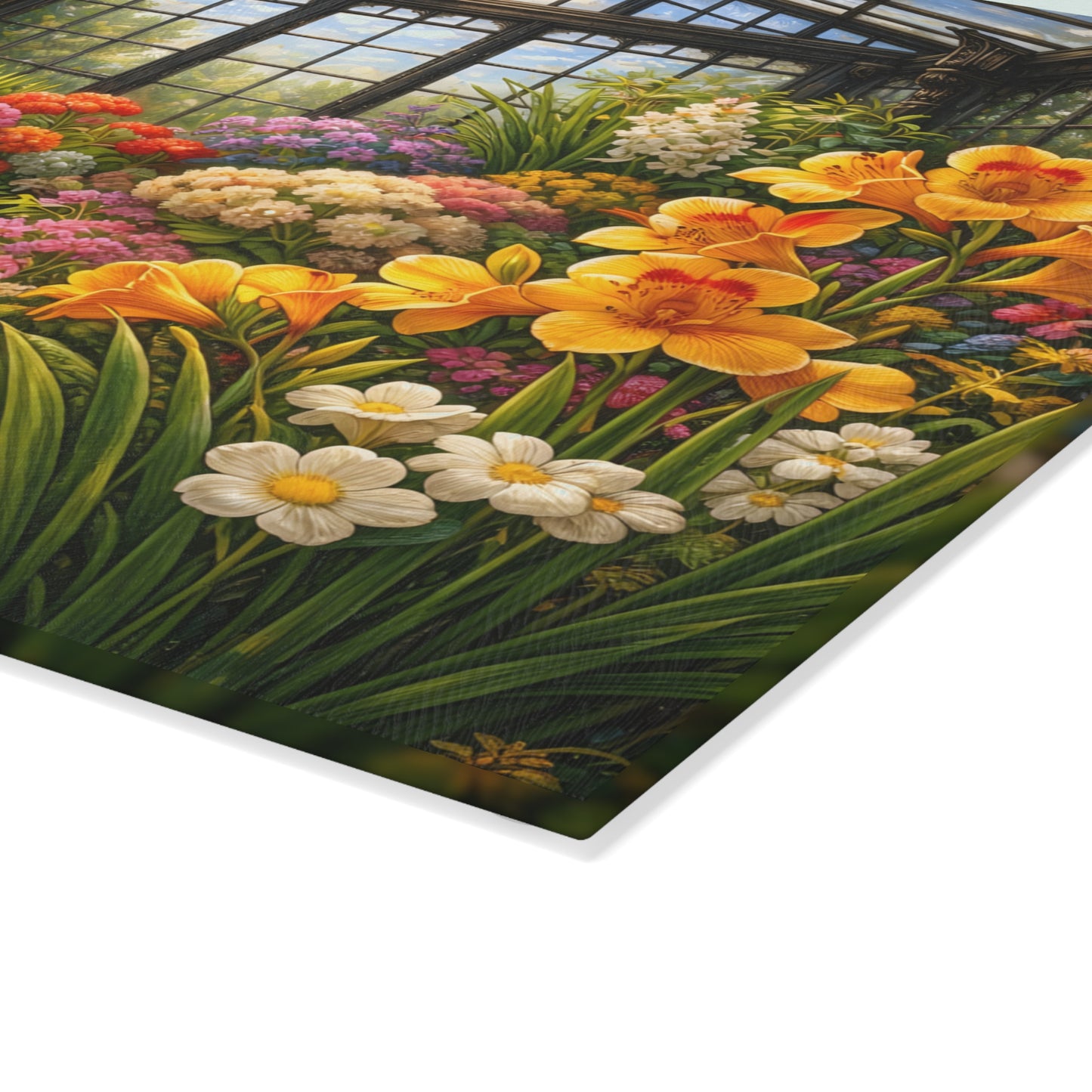 Sunlit Garden Conservatory Glass Cutting Board – Floral Greenhouse Kitchen Décor