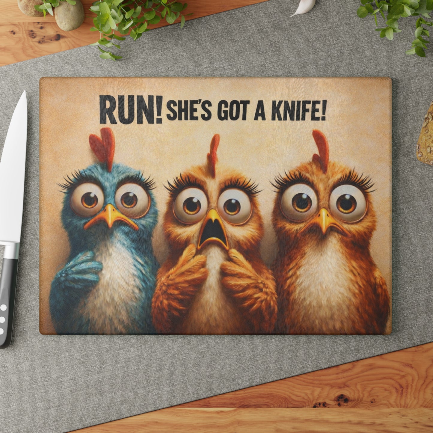 RUN! She’s Got a Knife Glass Cutting Board – Wide-Eyed Chicken Panic Farmhouse Artwork