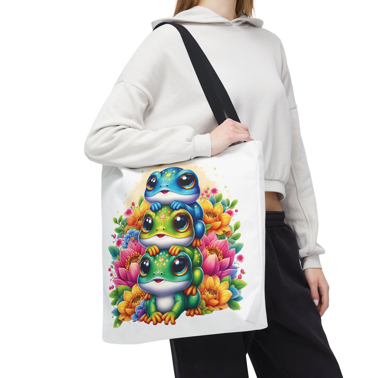 🐸 Stacked Frogs Floral Tote Bag – Colorful Whimsy for Every Day 🌸👜