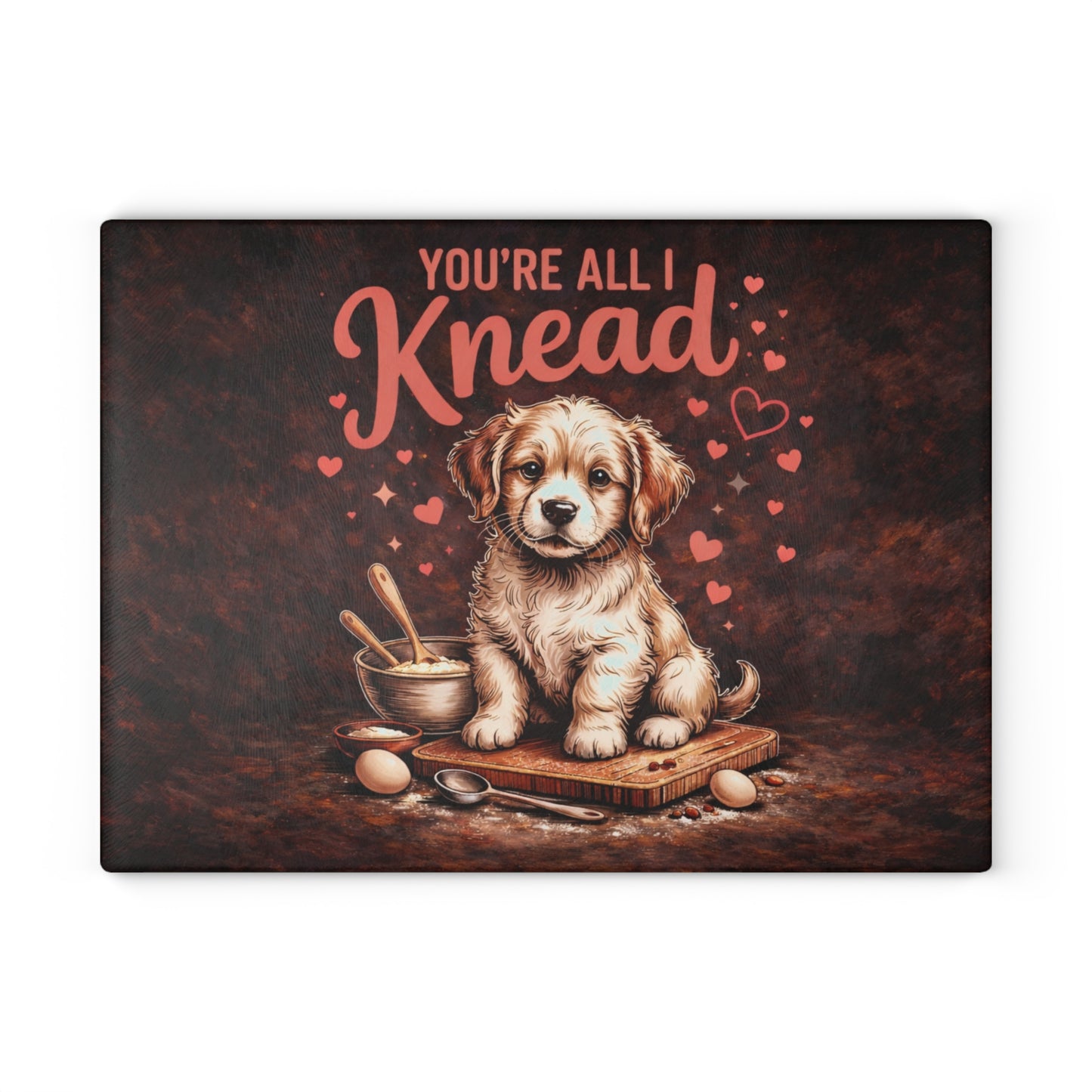 You’re All I Knead Puppy Glass Cutting Board – Cute Baking Dog Design with Heartfelt Humor