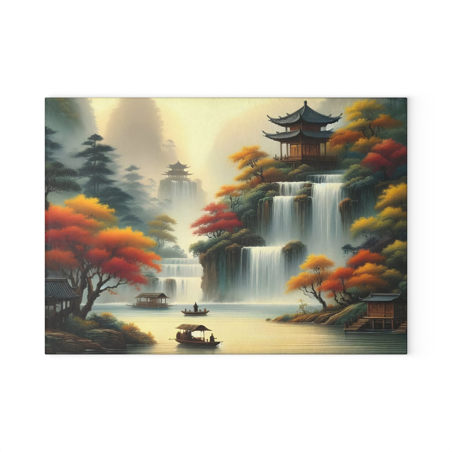 🍂🏯 Golden Serenity Waterfall Cutting Board – Peaceful Pagoda Landscape Art 🏯🍂