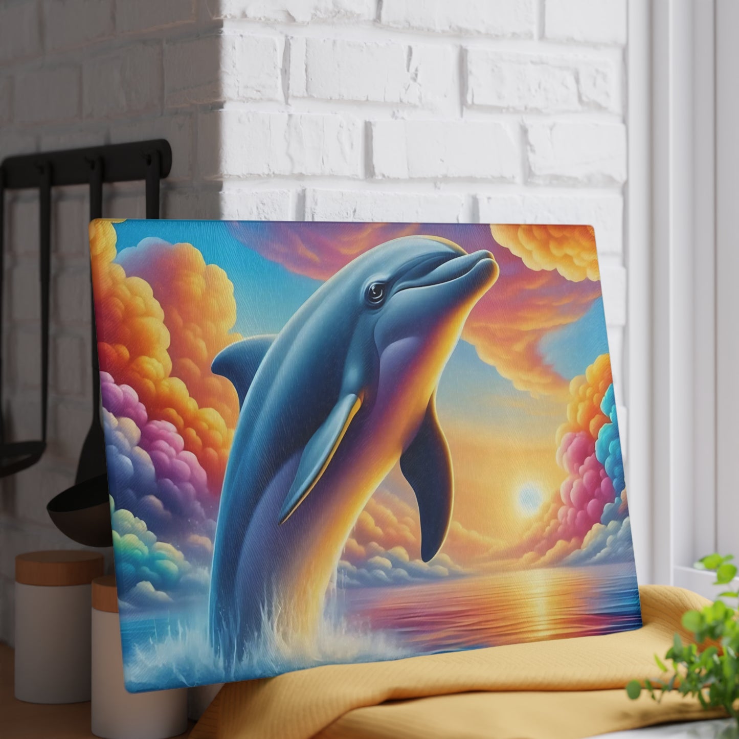 Happy Dolphin & Rainbow-Colored Clouds Glass Cutting Board – Whimsical Ocean Kitchen Art
