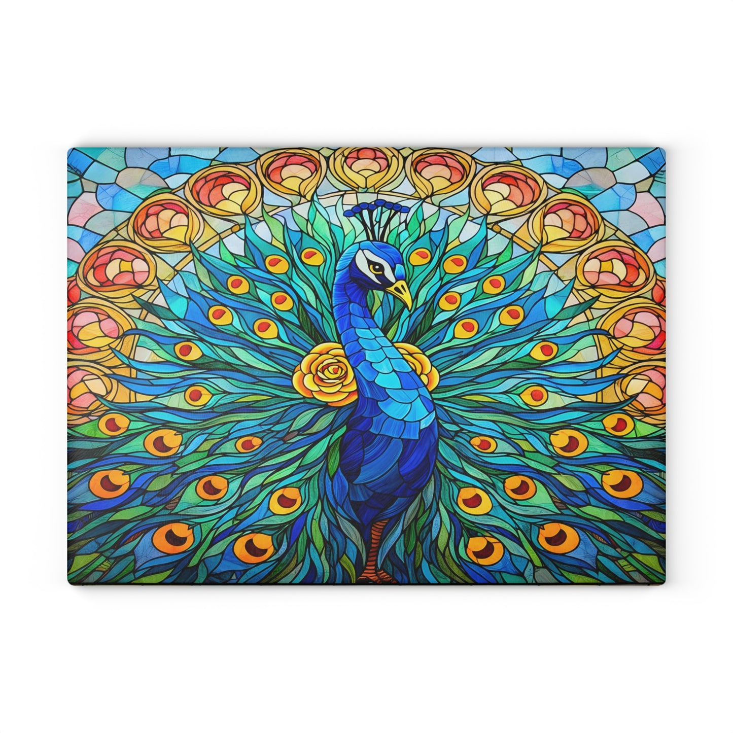 Stained Glass Style Peacock Glass Cutting Board – Vibrant Jewel-Tone Art Kitchen Decor