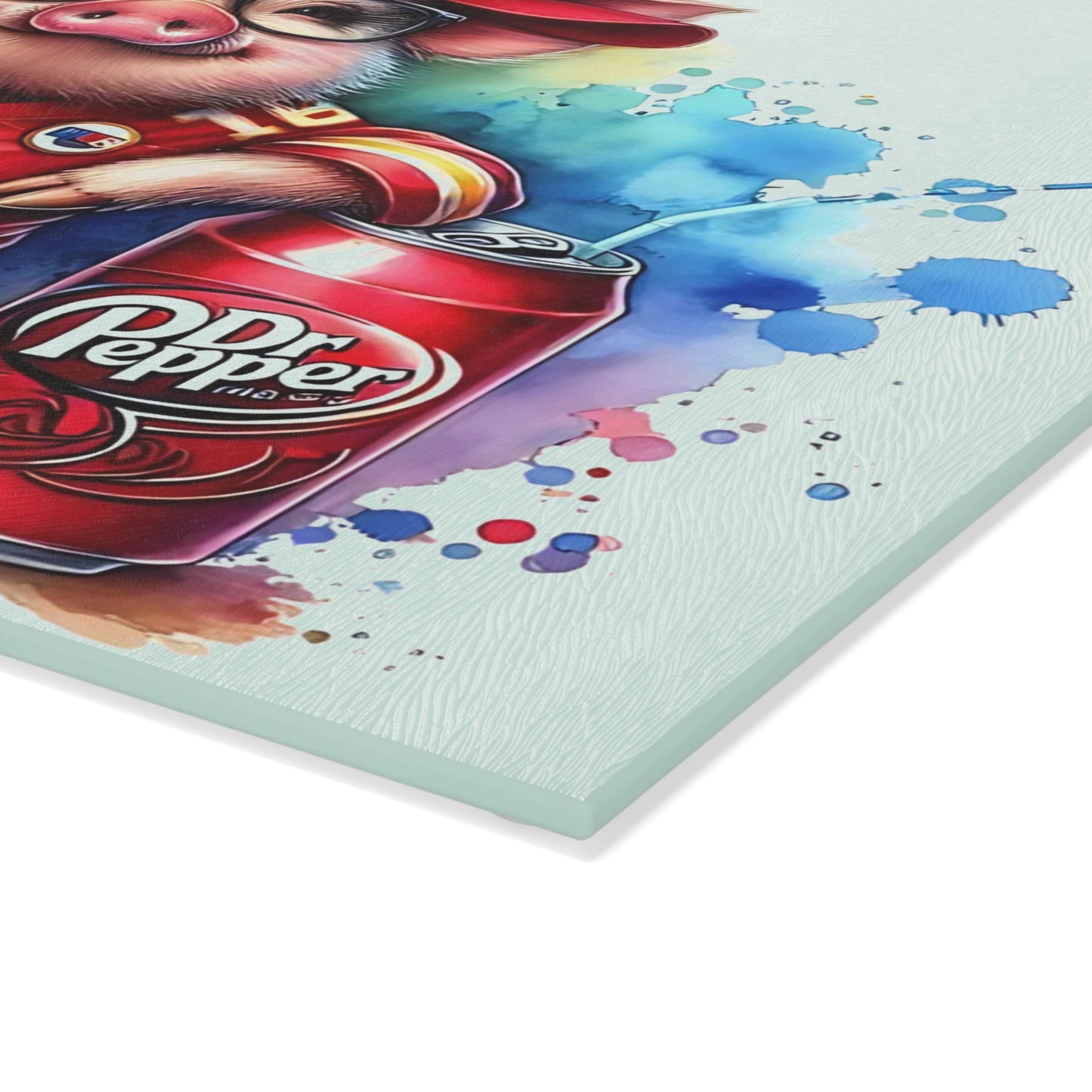 Tabla de cortar de vidrio con diseño de cerdo Jersey rojo y salpicaduras de arcoíris: un estilo de charcutería divertido y colorido para cocinas vibrantes