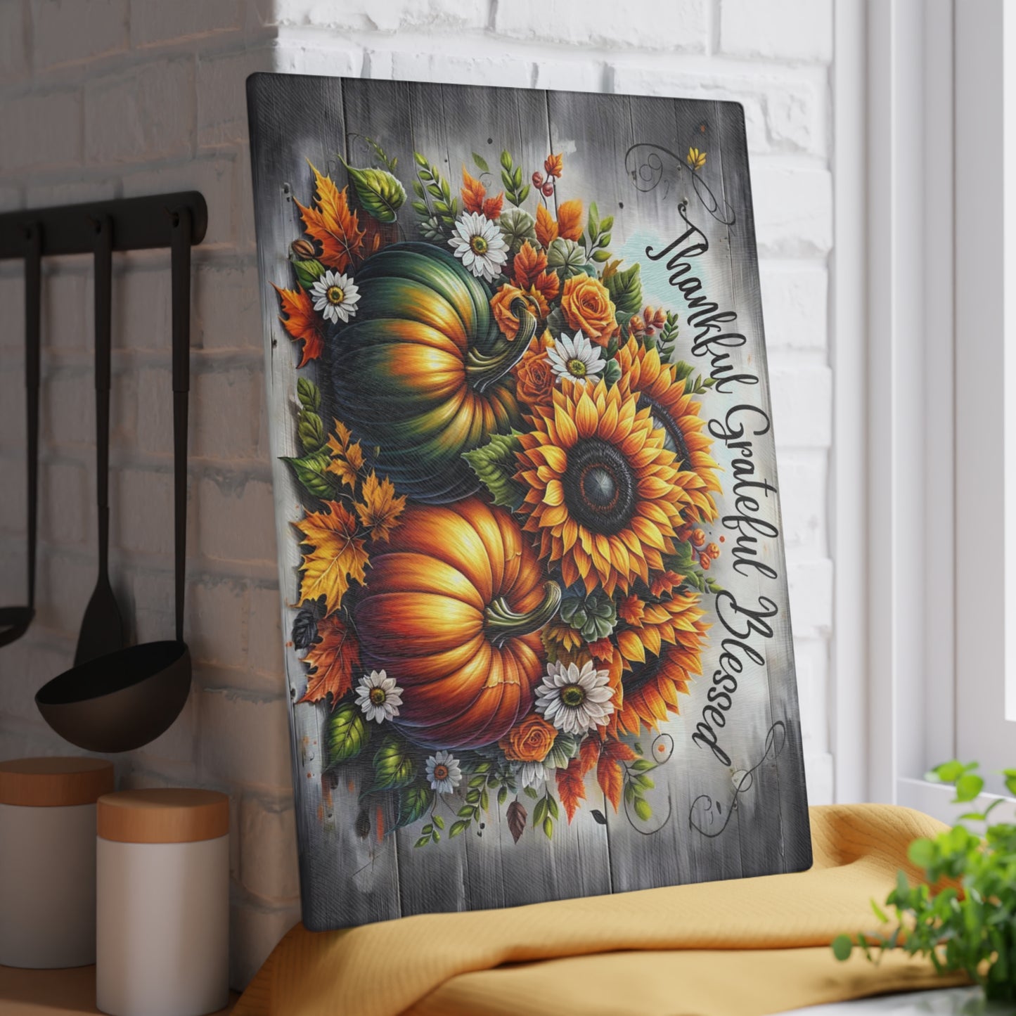 🌻🎃 Thankful Grateful Blessed Cutting Board – Autumn Sunflowers & Pumpkins for Seasonal Charm 🍁✨