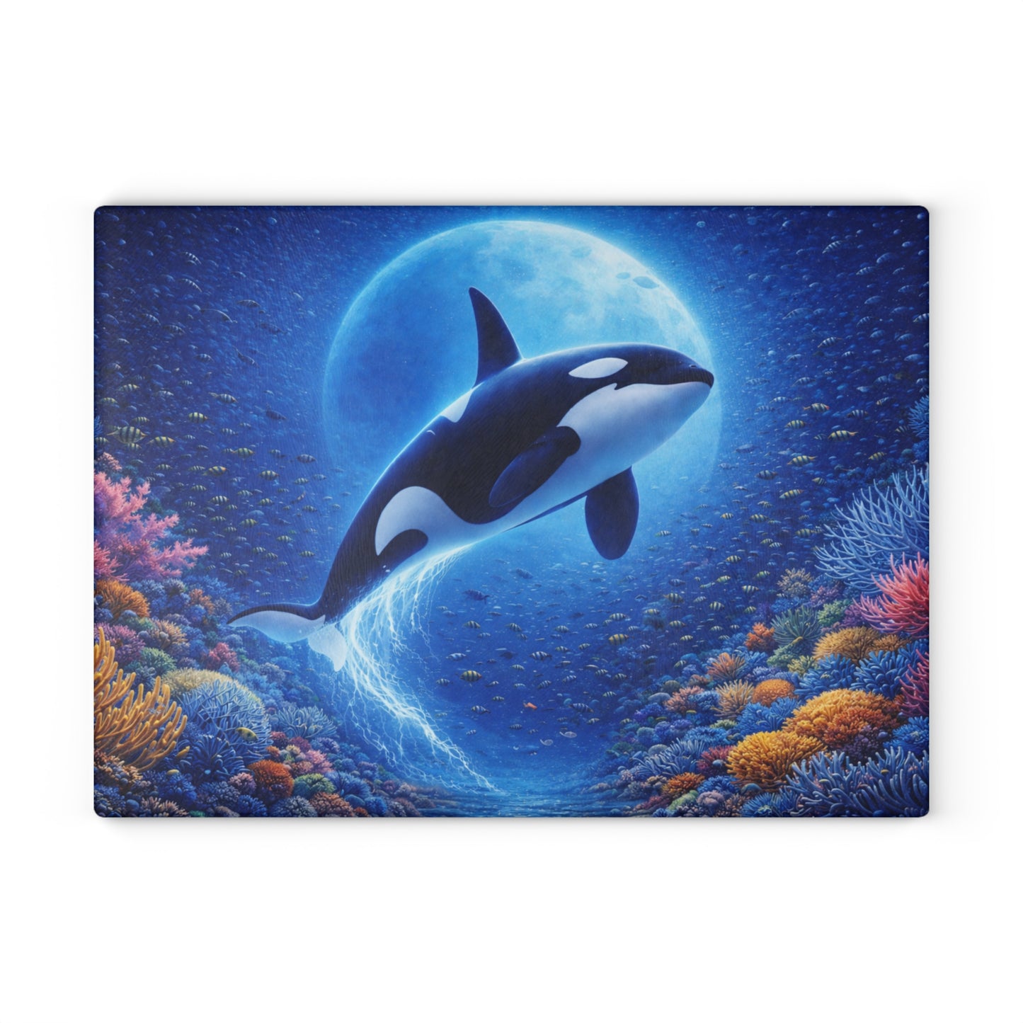 Moonlit Orca Glass Cutting Board – Majestic Ocean Night Artwork