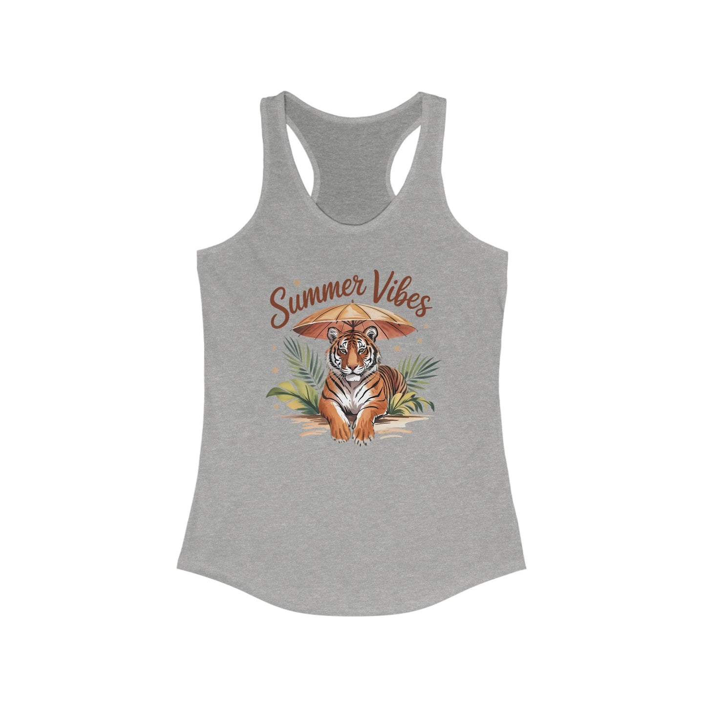 Camiseta de tirantes Summer Vibes Tiger con espalda nadadora – Diseño de palmeras de la selva con paraguas | 15 opciones de color