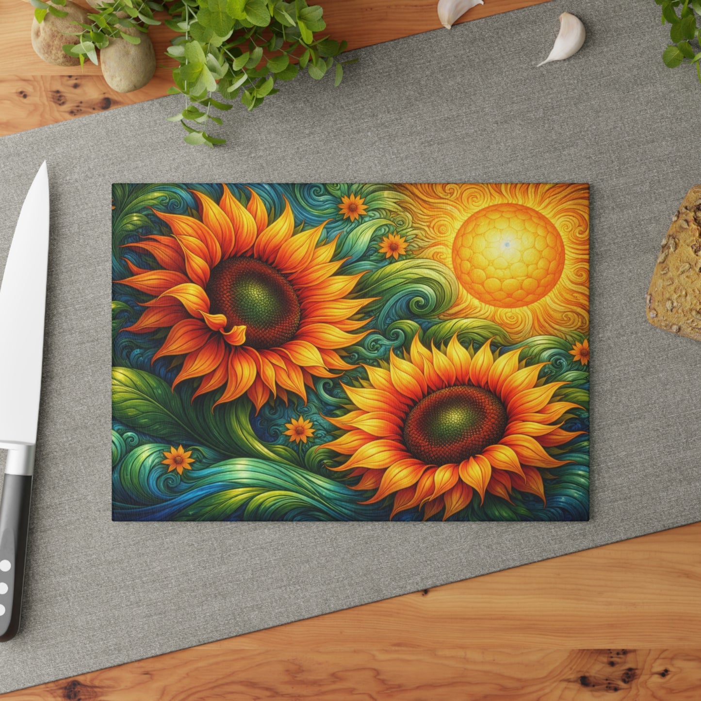 Sunflower Swirl Glass Cutting Board – Vibrant Farmhouse Kitchen Decor