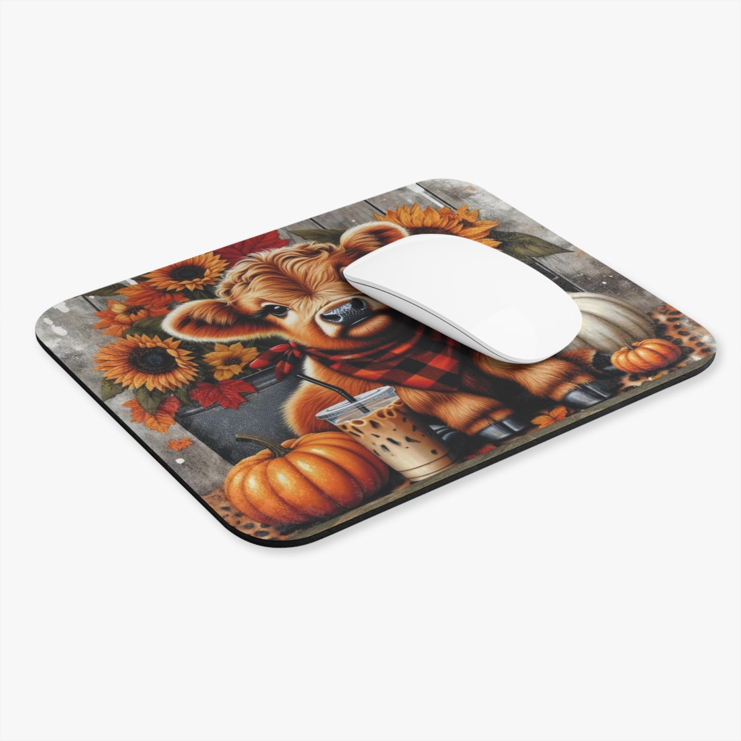 🖱️🎃🐮 Fall Highland Cow Mouse Pad – Pumpkins, Sunflowers & Plaid Cozy Vibes