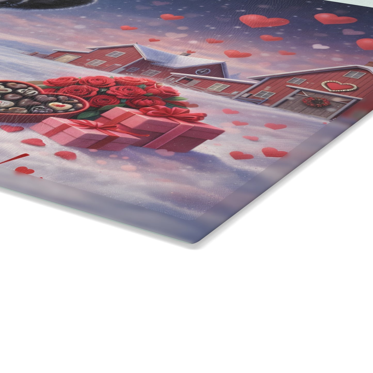 Valentine Calf Moonlight Farm Glass Cutting Board – Cozy Winter Farm Love Scene Kitchen Accent