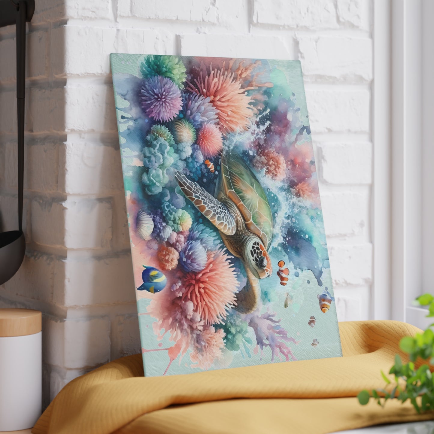 Pastel Coral Splash Sea Turtle Cutting Board – Tranquil Reef Elegance for Your Kitchen