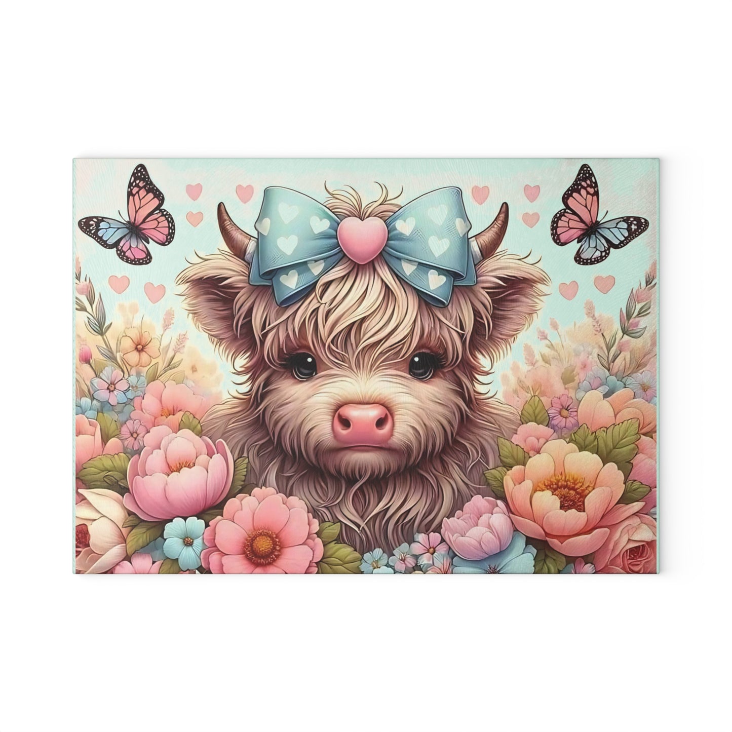 Highland Cow Glass Cutting Board with Bow, Flowers & Butterflies