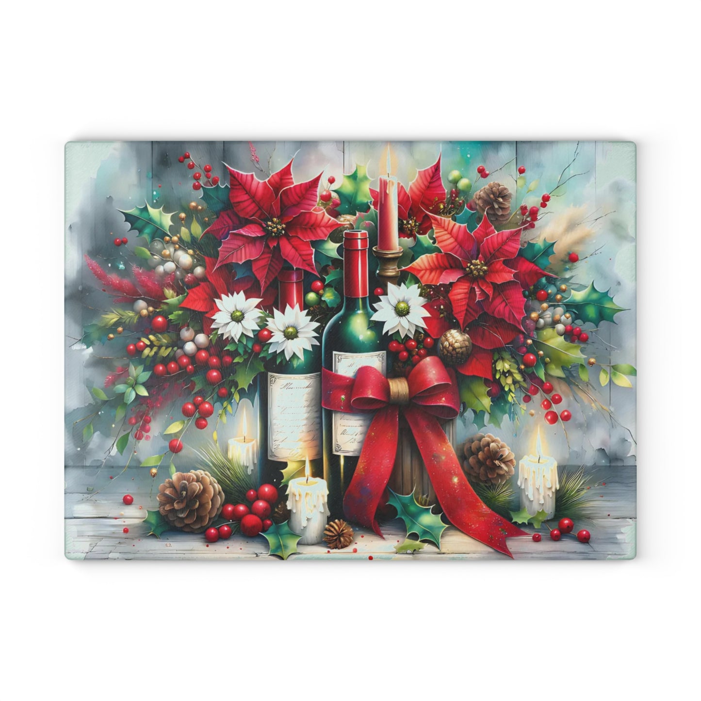 🎁🍷 “Poinsettias & Pinot” Glass Cutting Board – Festive Floral Wine Scene for Your Holiday Kitchen