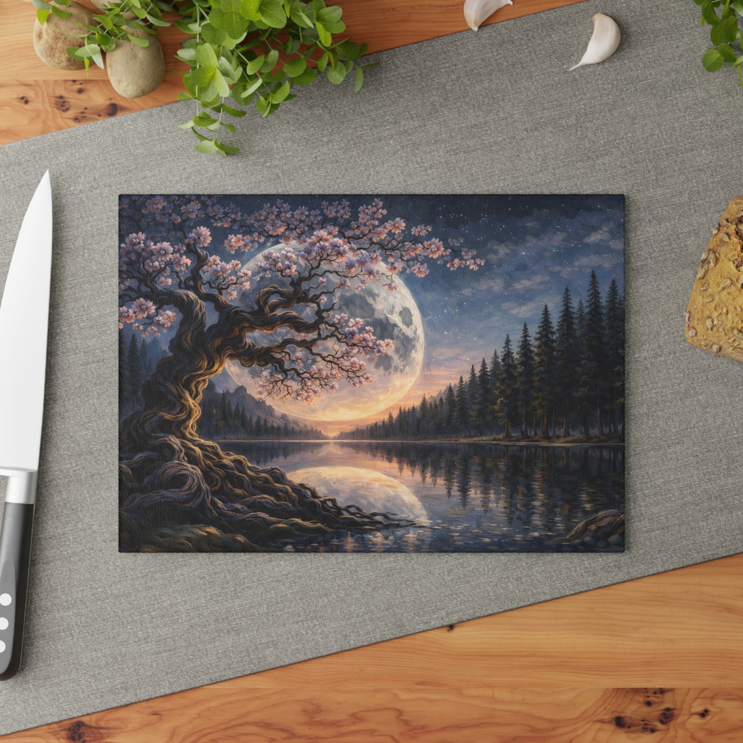 Moonlit Blossom Tree Glass Cutting Board – Dreamlike Night Landscape Art