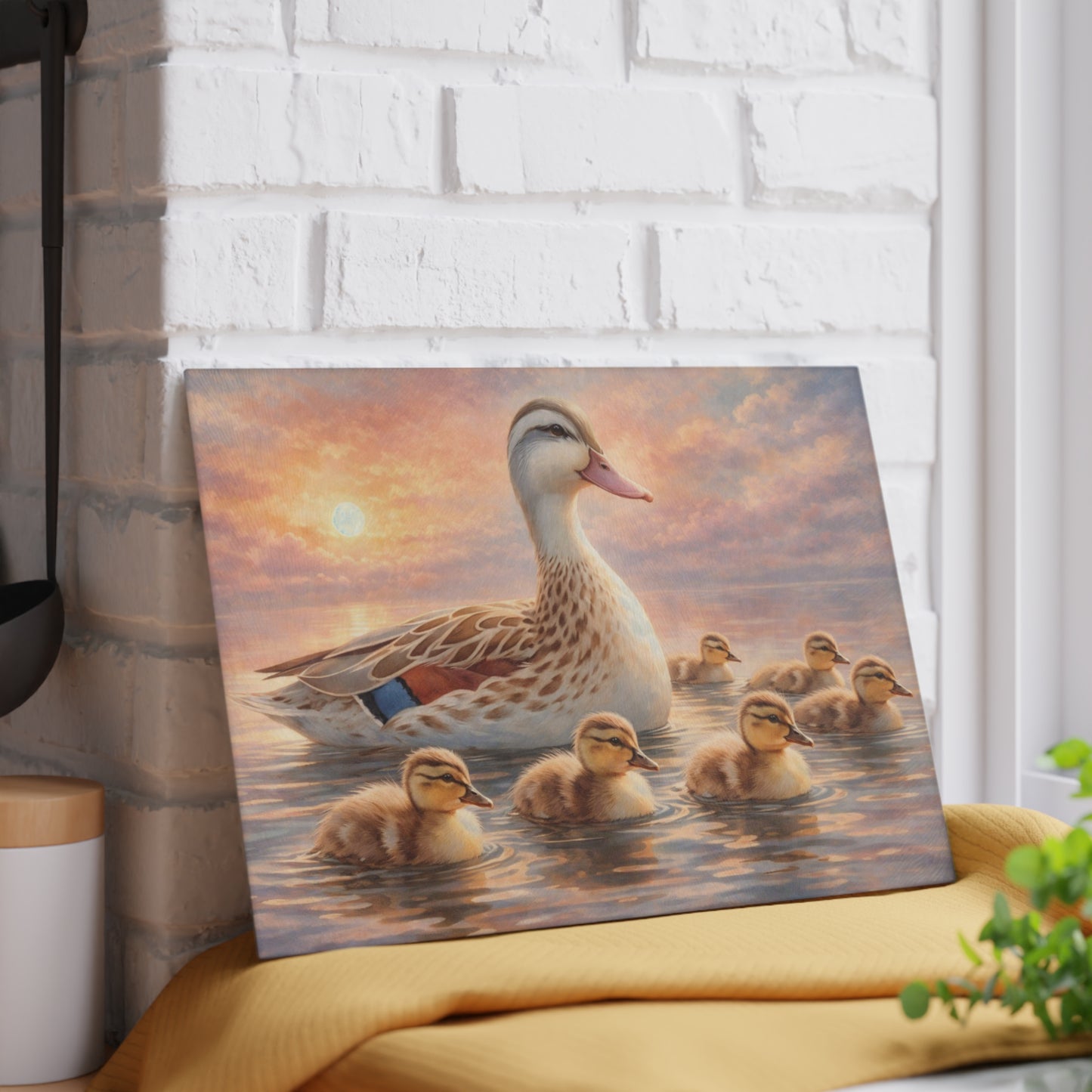 Duck Family Sunset Lake Glass Cutting Board – Peaceful Wildlife Nature Kitchen Art