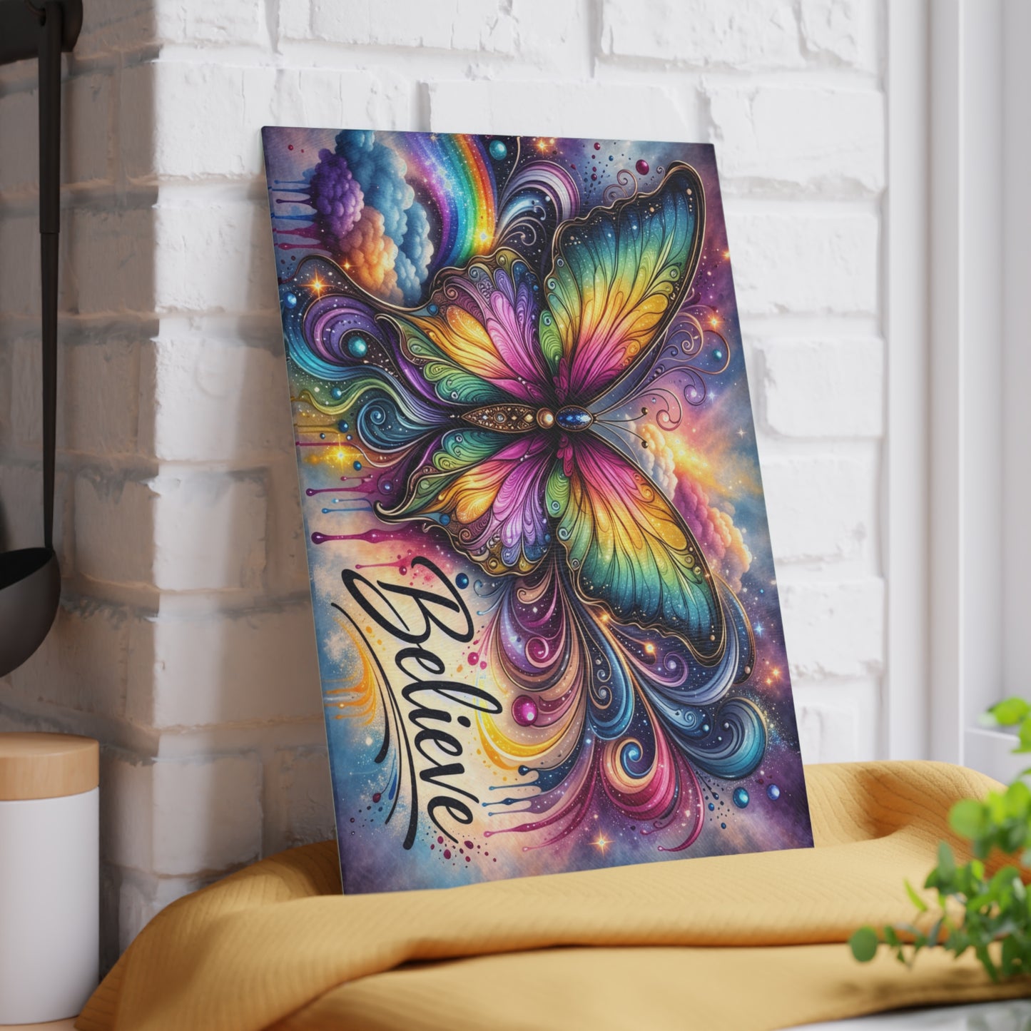 Believe Butterfly Glass Cutting Board – Rainbow Butterfly Inspirational Kitchen Art