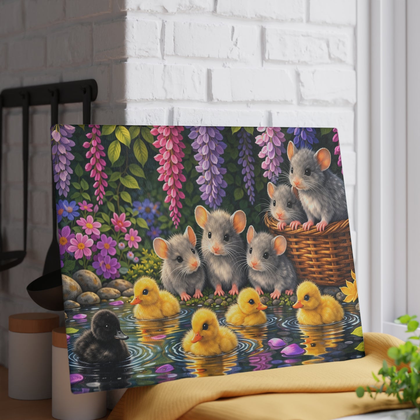 Baby Ducklings and Mice Pond Glass Cutting Board – Whimsical Woodland Garden Artwork