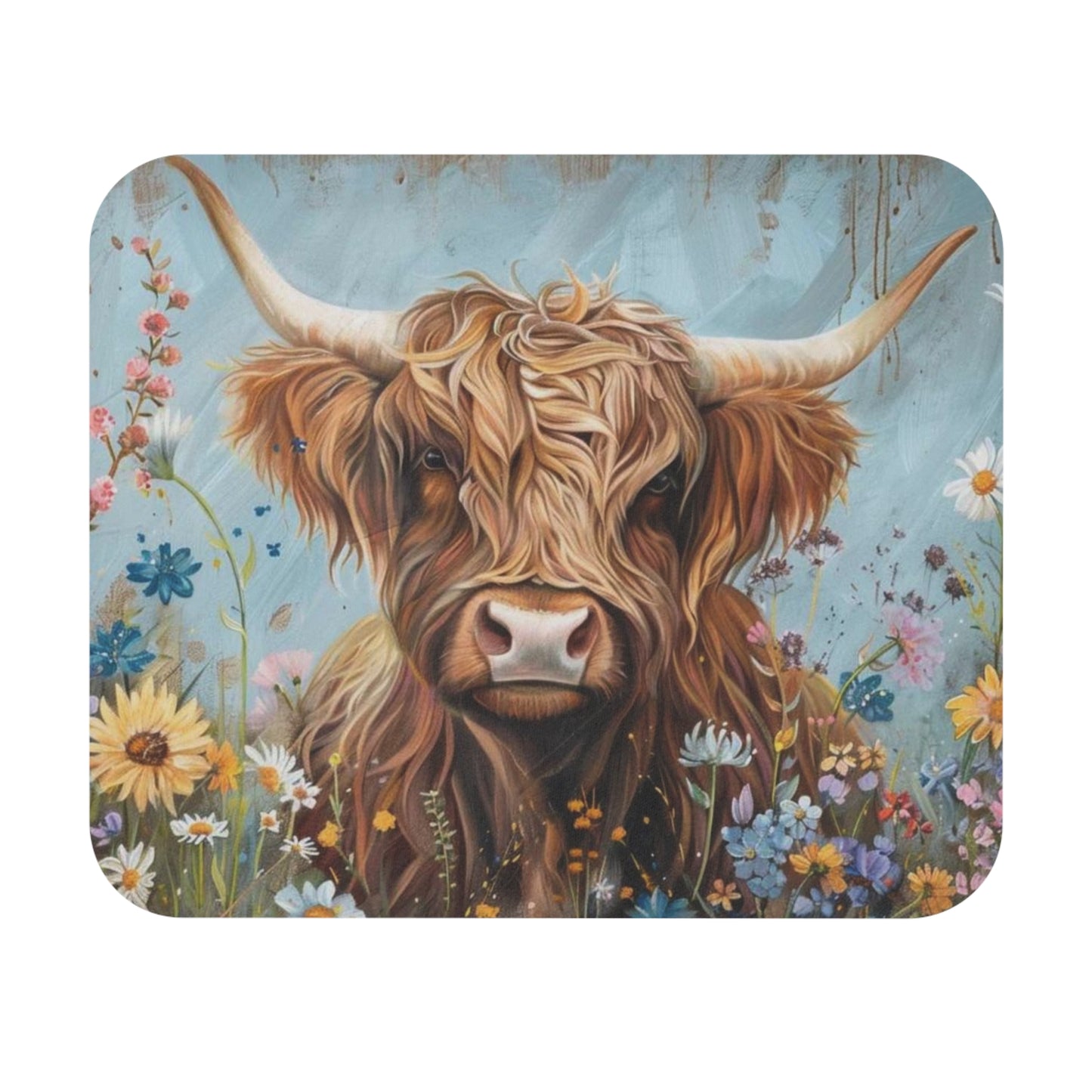 🖱️🐮 Highland Cow & Wildflowers Mouse Pad – Rustic Boho Desk Art