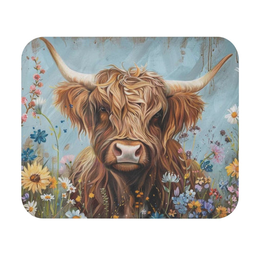 🖱️🐮 Highland Cow & Wildflowers Mouse Pad – Rustic Boho Desk Art