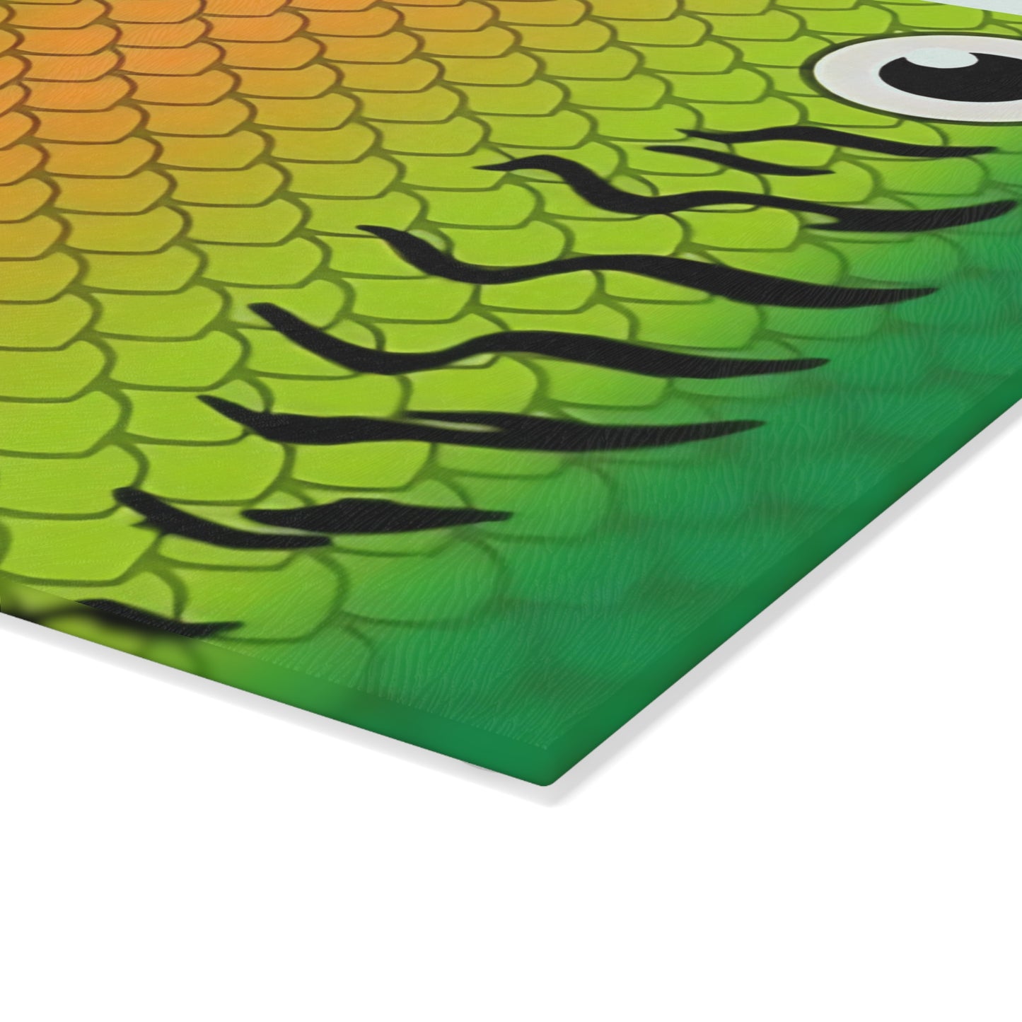 Green & Gold Fish Face Glass Cutting Board – Bold Coastal Artwork with Playful Scales