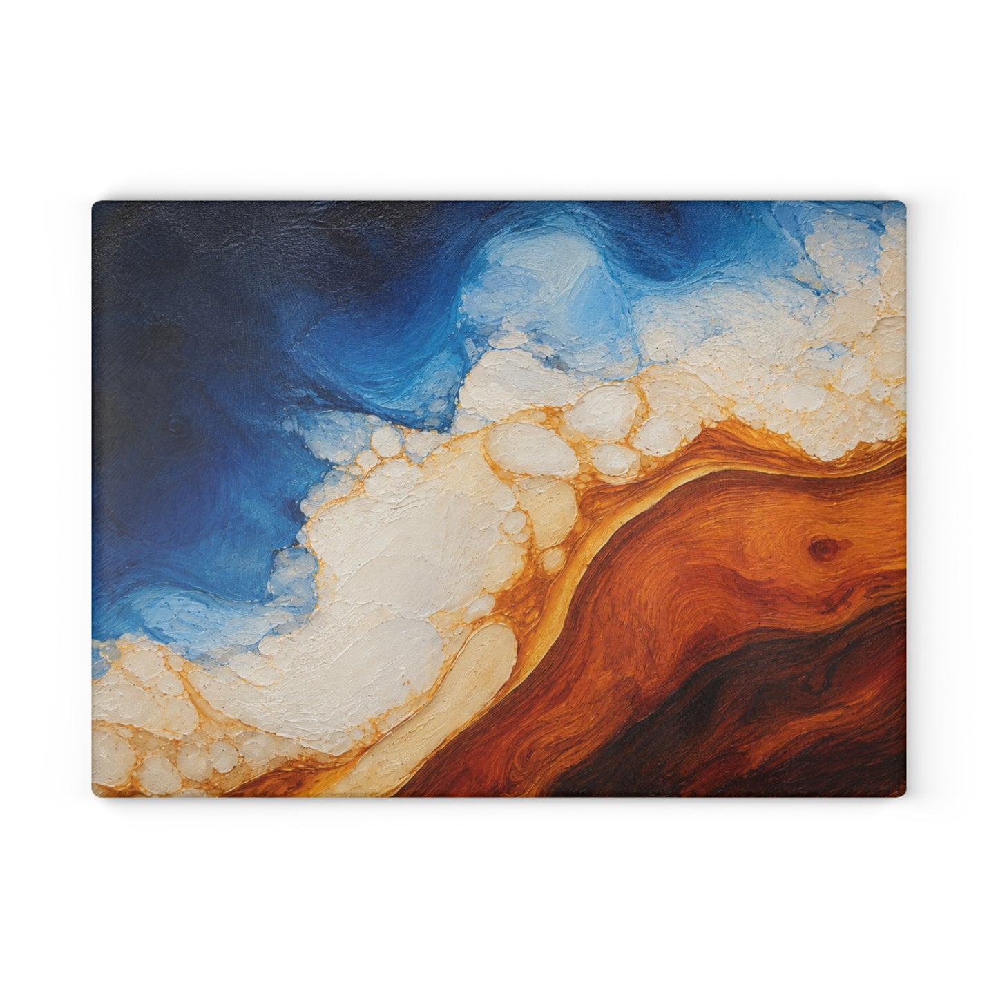 Coastal Resin-Painted Look Ocean Abstract Glass Cutting Board – Blue Waves and Golden Shoreline Artwork