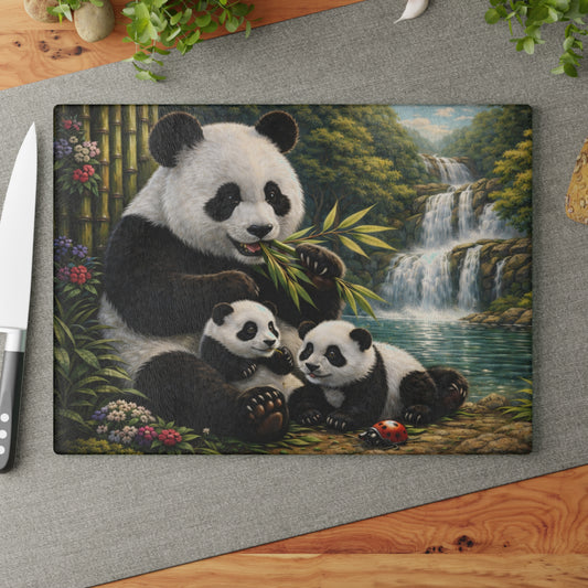 Panda Family by Waterfall Glass Cutting Board – Peaceful Bamboo Forest Wildlife Artwork