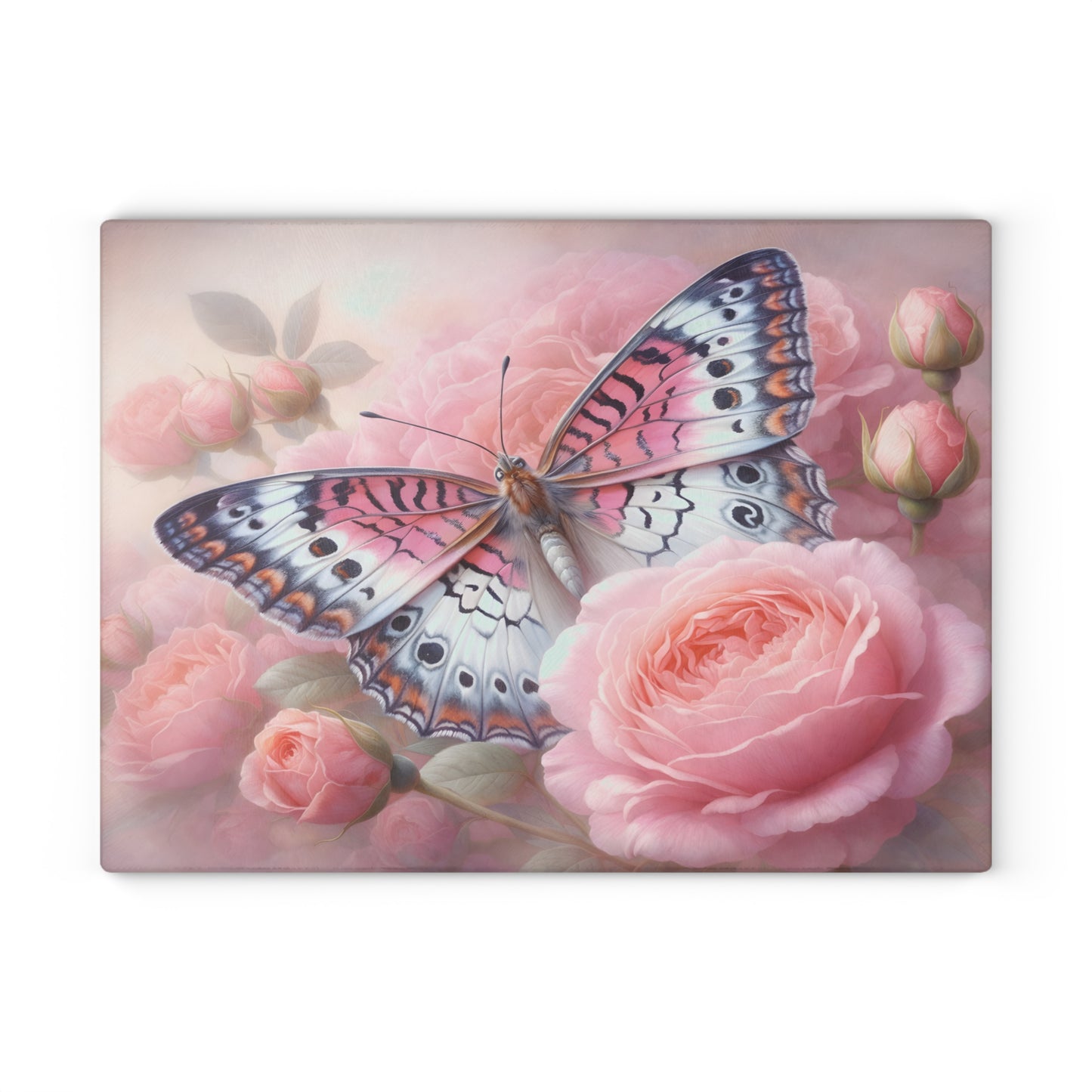 Pink Butterfly & Rose Garden Glass Cutting Board – Elegant Floral Nature Kitchen Décor