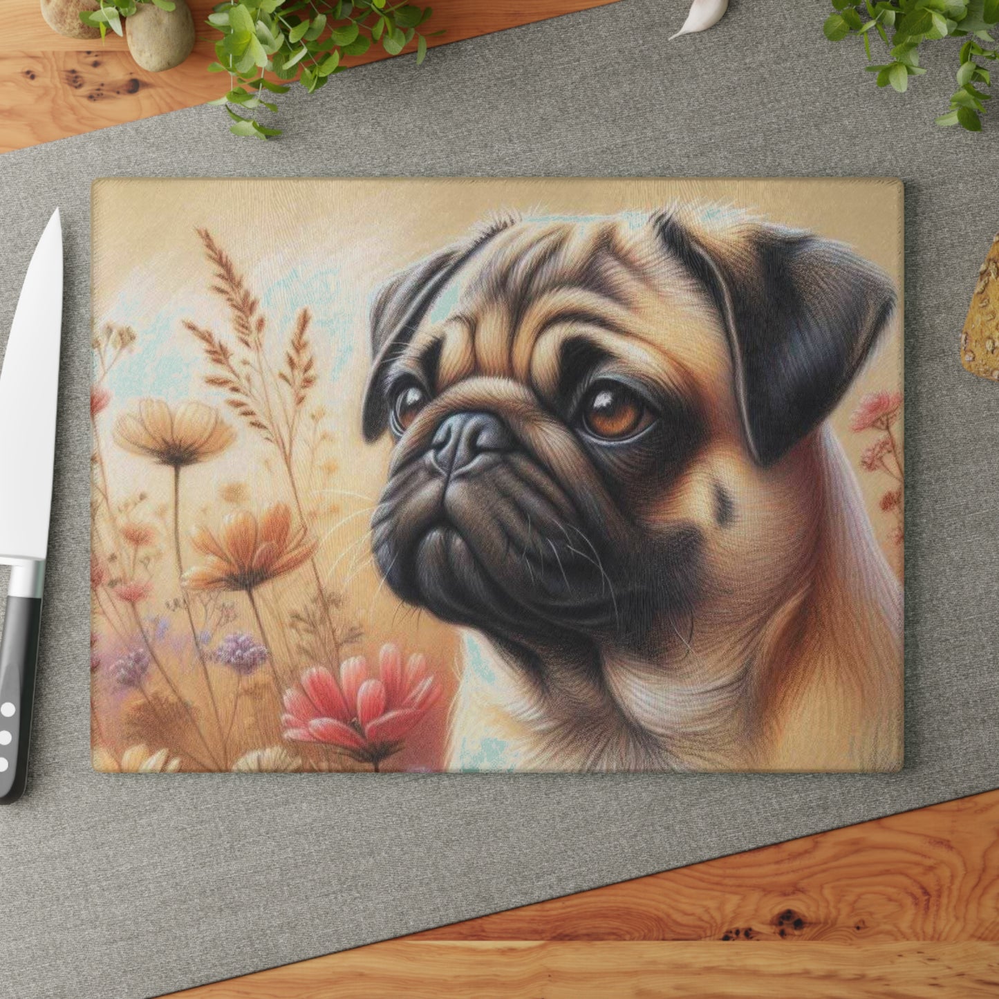 🐾 Pug & Meadow Blooms Cutting Board – Adorable Dog-Themed Kitchen Art 🌸