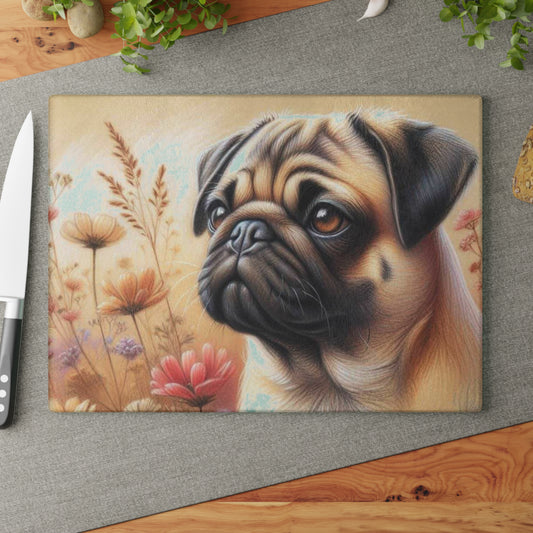 🐾 Pug & Meadow Blooms Cutting Board – Adorable Dog-Themed Kitchen Art 🌸