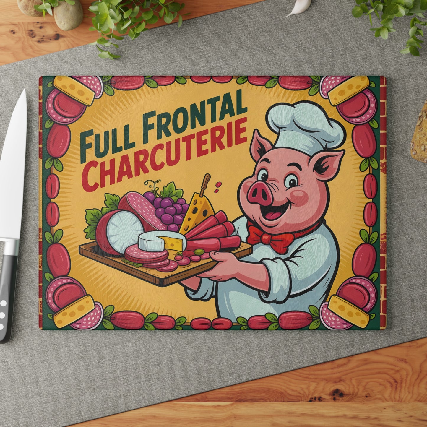 Tabla de cortar charcutería con vista frontal completa: divertida tabla de quesos y carnes del chef Pig