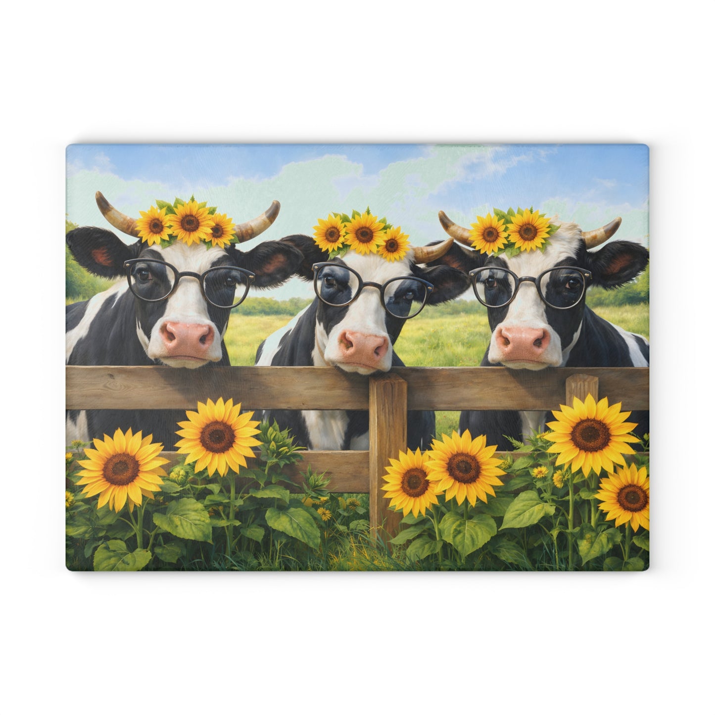 Sunflower Cow Trio Glass Cutting Board – Cheerful Farmhouse Kitchen Accent