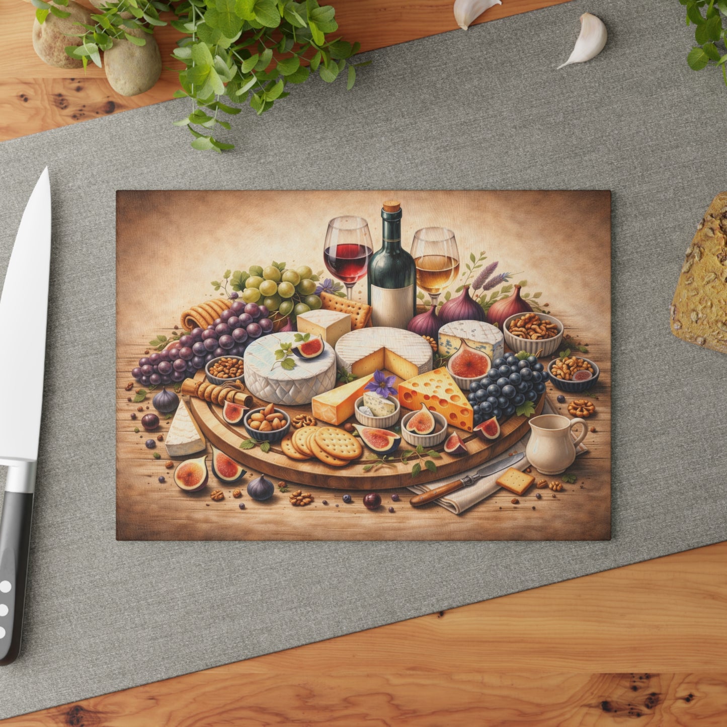 Artisan Cheese & Wine Still Life Glass Cutting Board – Elegant Entertaining Kitchen Décor