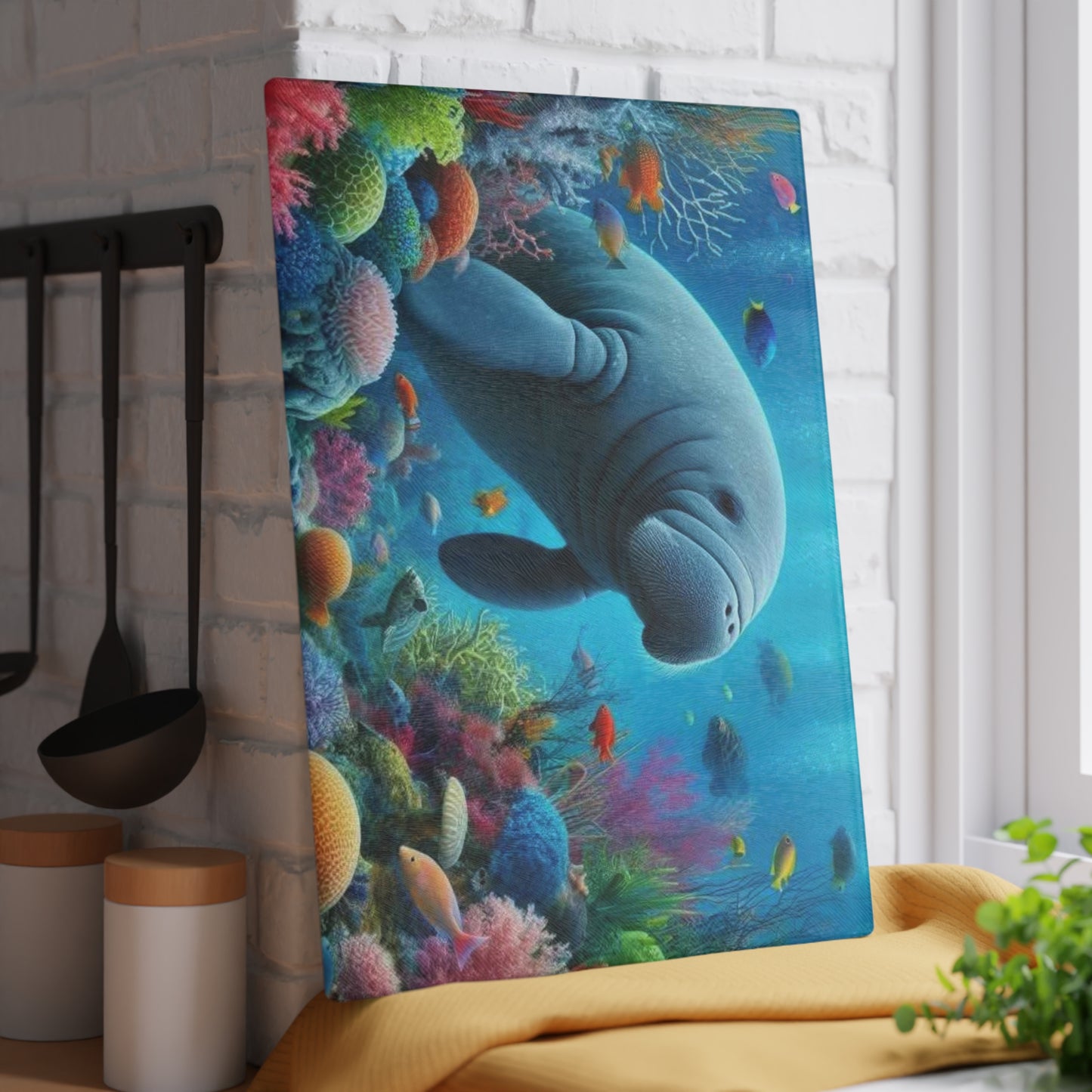 Manatee Cutting Board Textured Glass Florida Spring Kitchen Decor Coastal Home Gift Beach Housewarming Manatee Lover Sea Life Art Nautical