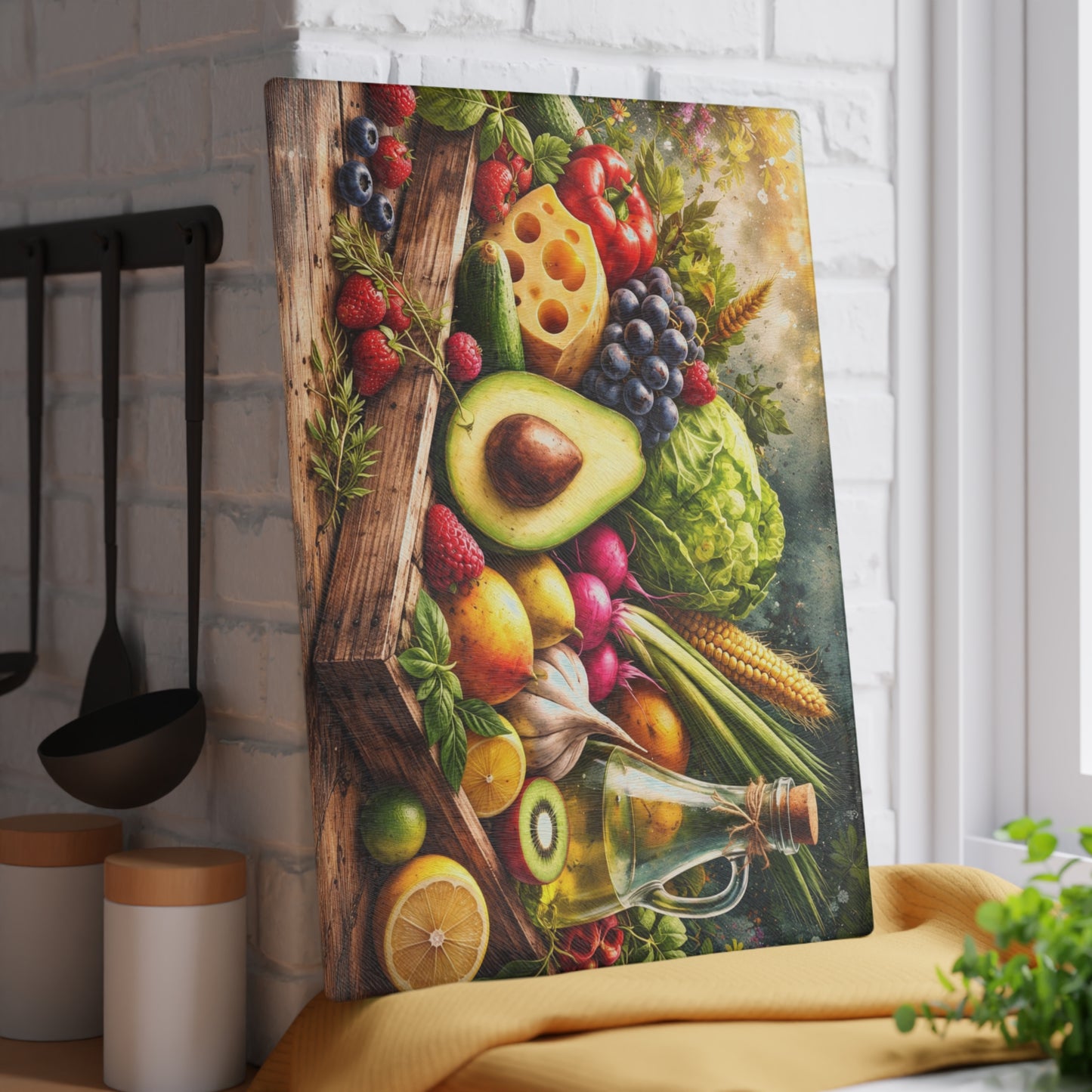 Fresh Harvest Farmhouse Glass Cutting Board – Rustic Market Fruit & Vegetable Kitchen Decor