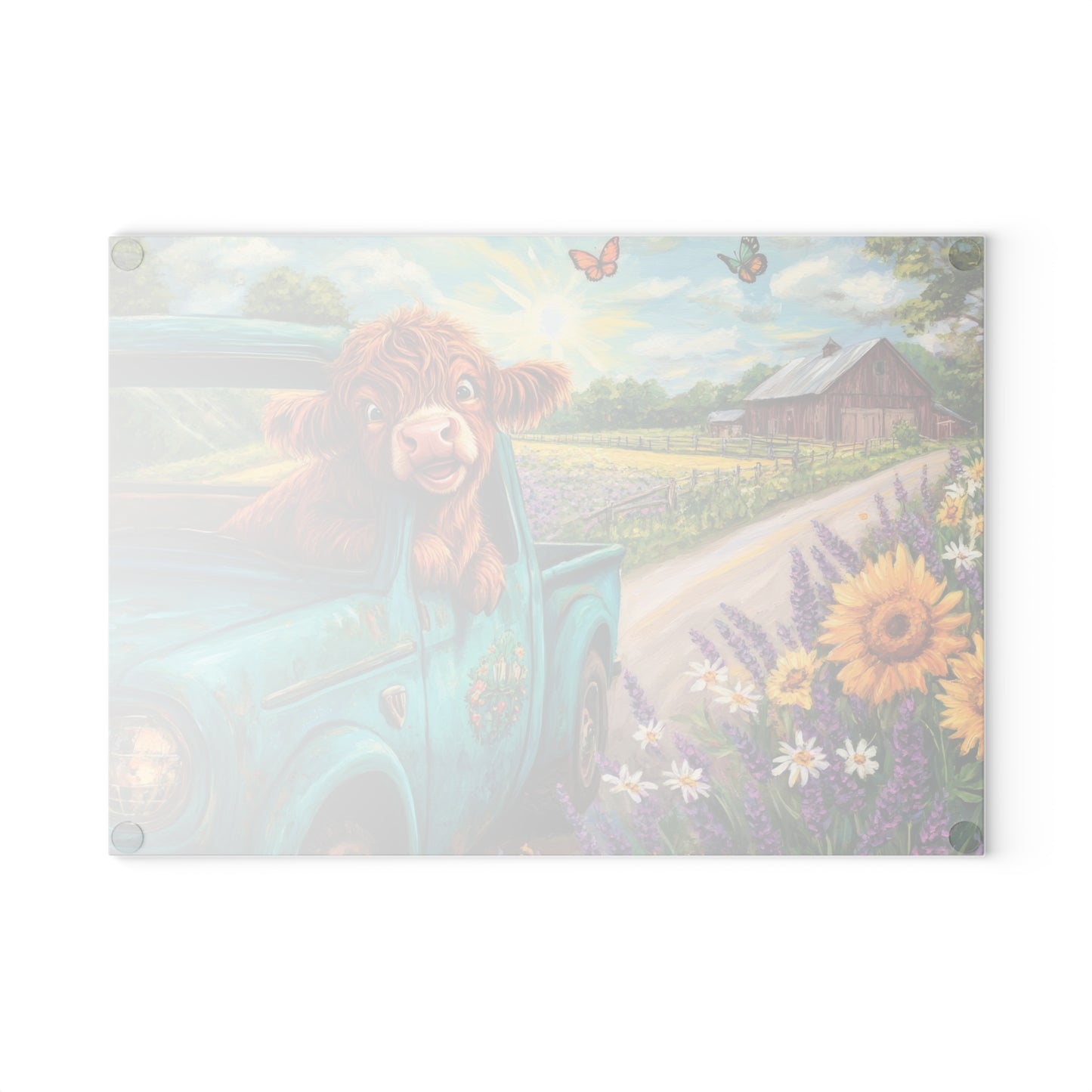 🚚🌼 Excited Baby Highland Cow in Old Truck Glass Cutting Board – Farm Road Joyride with Sunflowers & Barn 🐮🌻