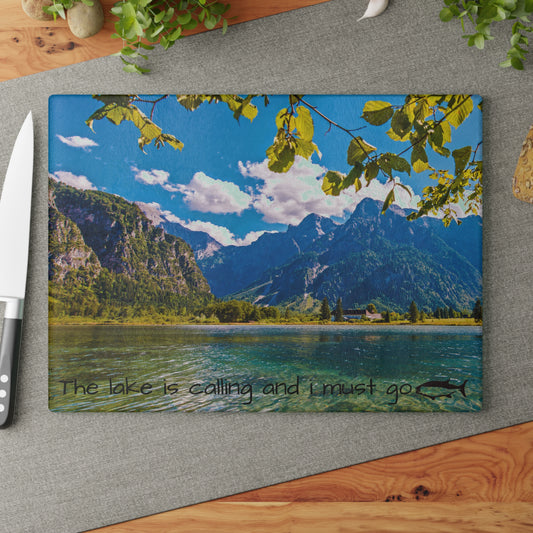 Tabla de cortar de vidrio "El lago te llama": encanto rústico para tu cocina y cabaña