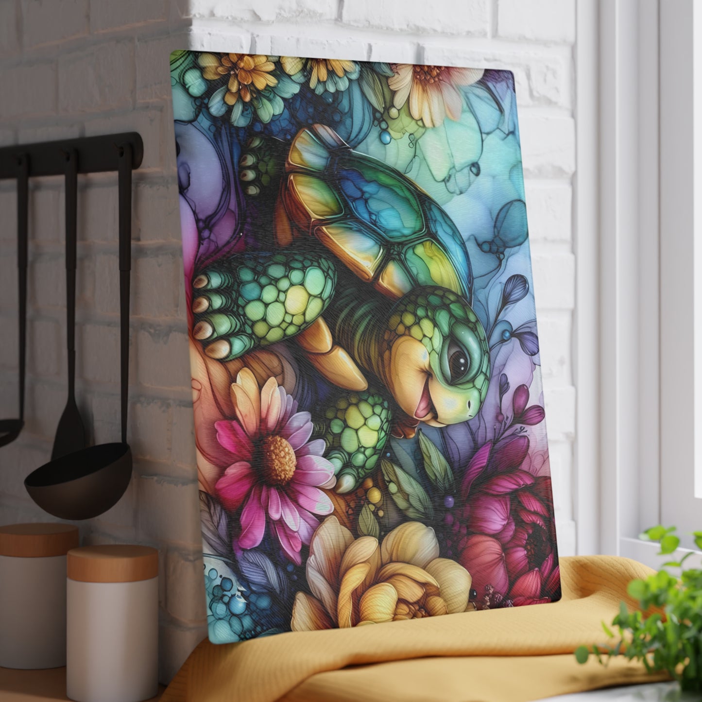 Tortoise in Bloom Glass Cutting Board – Floral Wildlife Kitchen Art