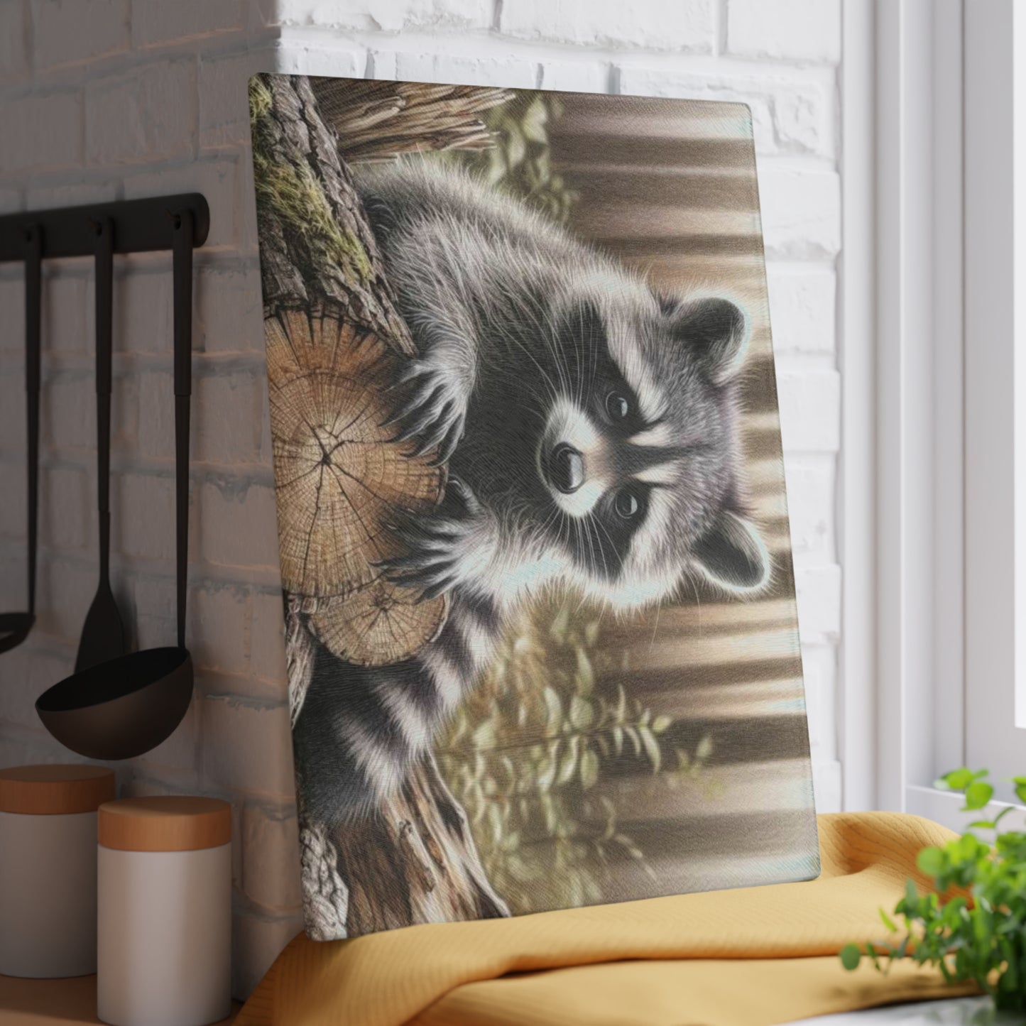 Tabla de cortar con diseño de mapache curioso: el encanto rústico se fusiona con la fantasía del bosque