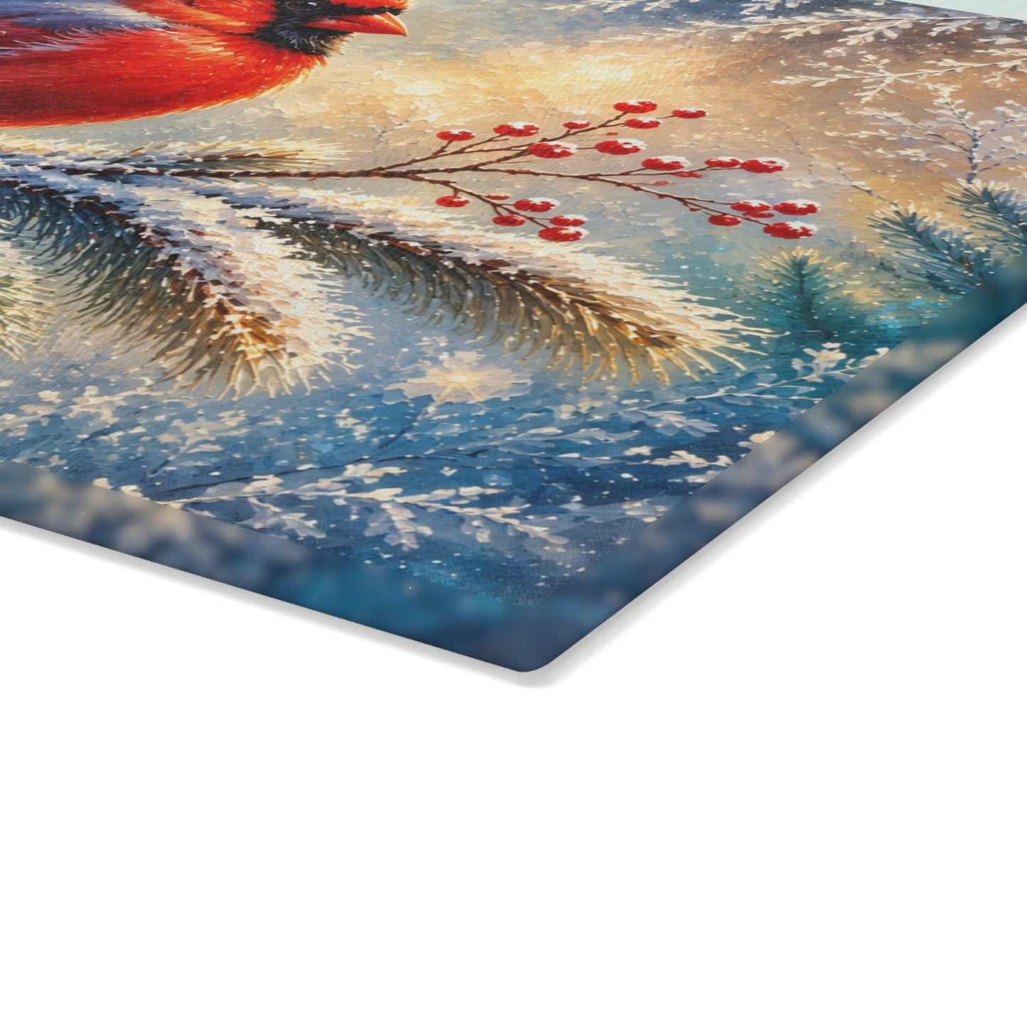 Winter Cardinal Glass Cutting Board – Snowy Red Bird & Evergreen Kitchen Decor