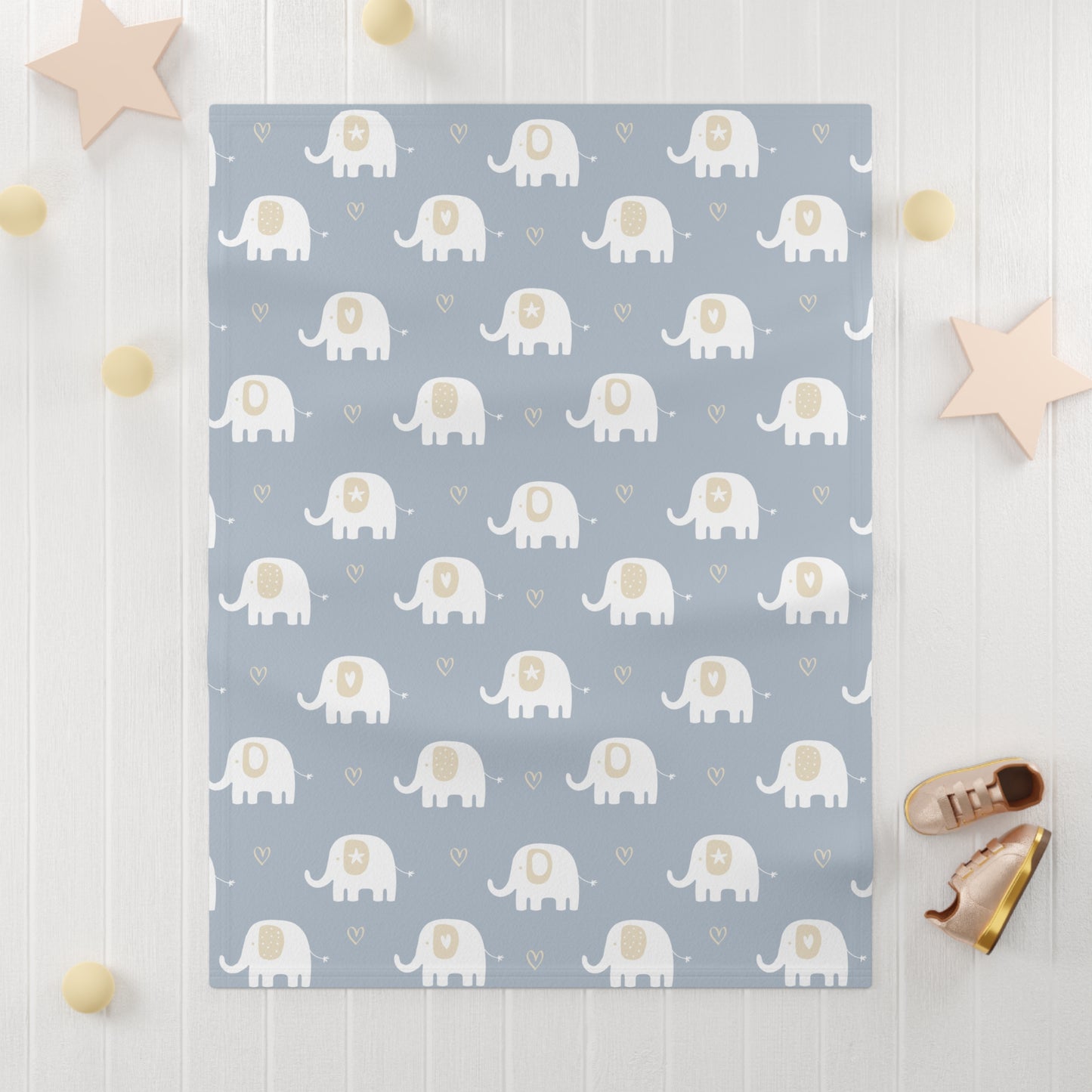 Blue Elephants Baby Blanket – Ultra-Soft Fleece 30″×40″ | Neutral Hearts on Dusty Blue