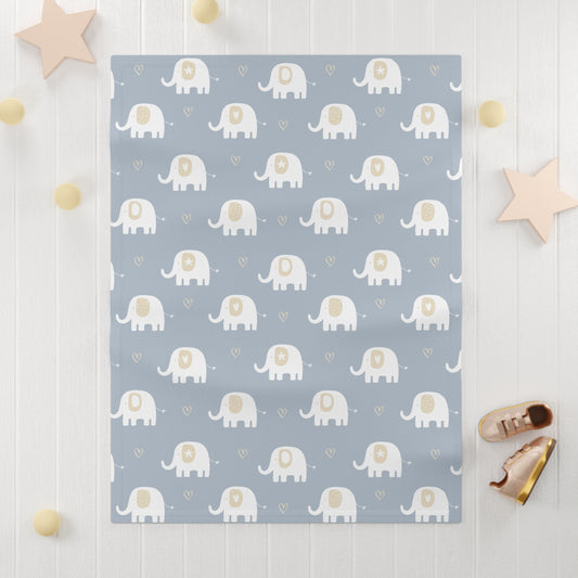 Blue Elephants Baby Blanket – Ultra-Soft Fleece 30″×40″ | Neutral Hearts on Dusty Blue