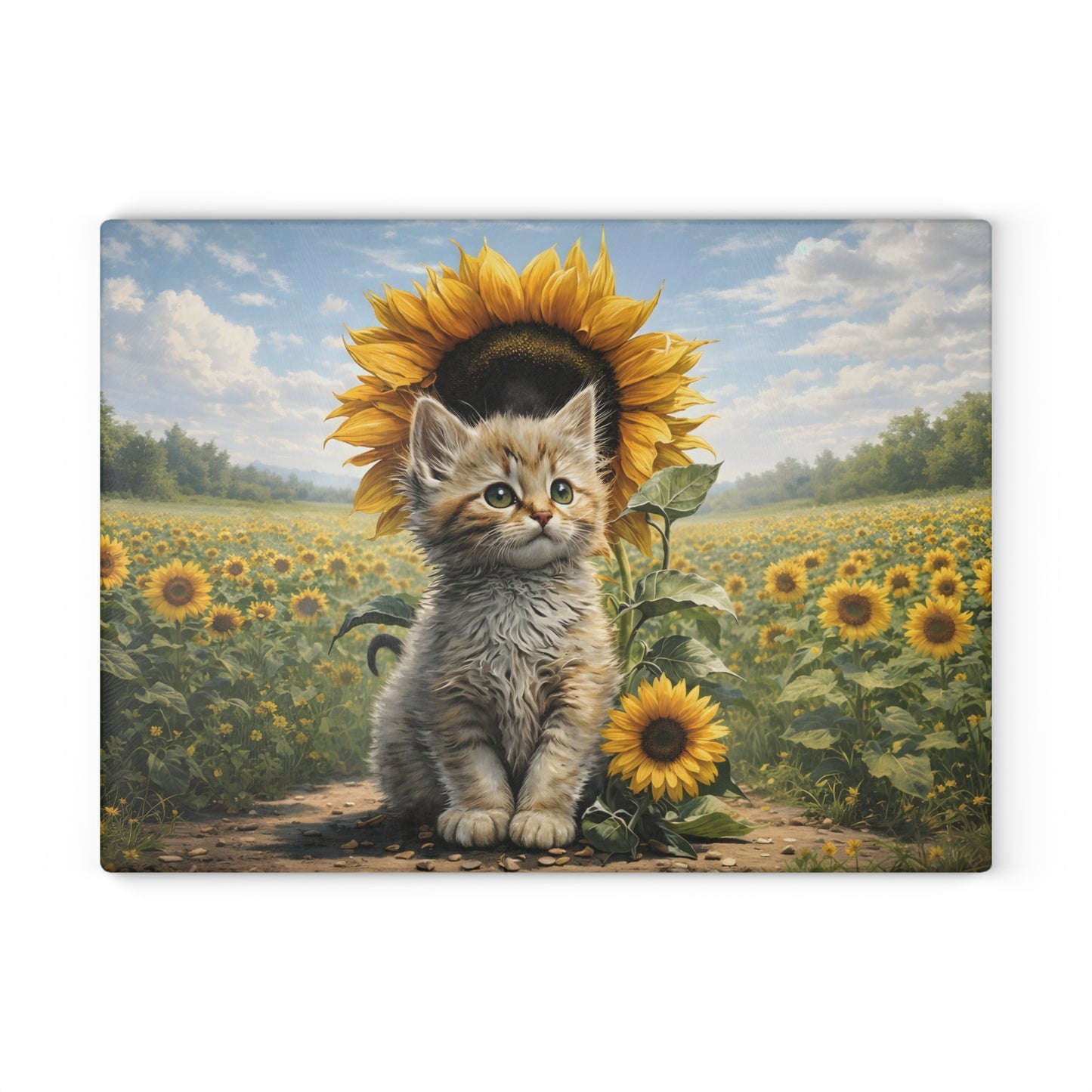 Sunflower Kitten Glass Cutting Board – Whimsical Floral Cat Art Kitchen Decor