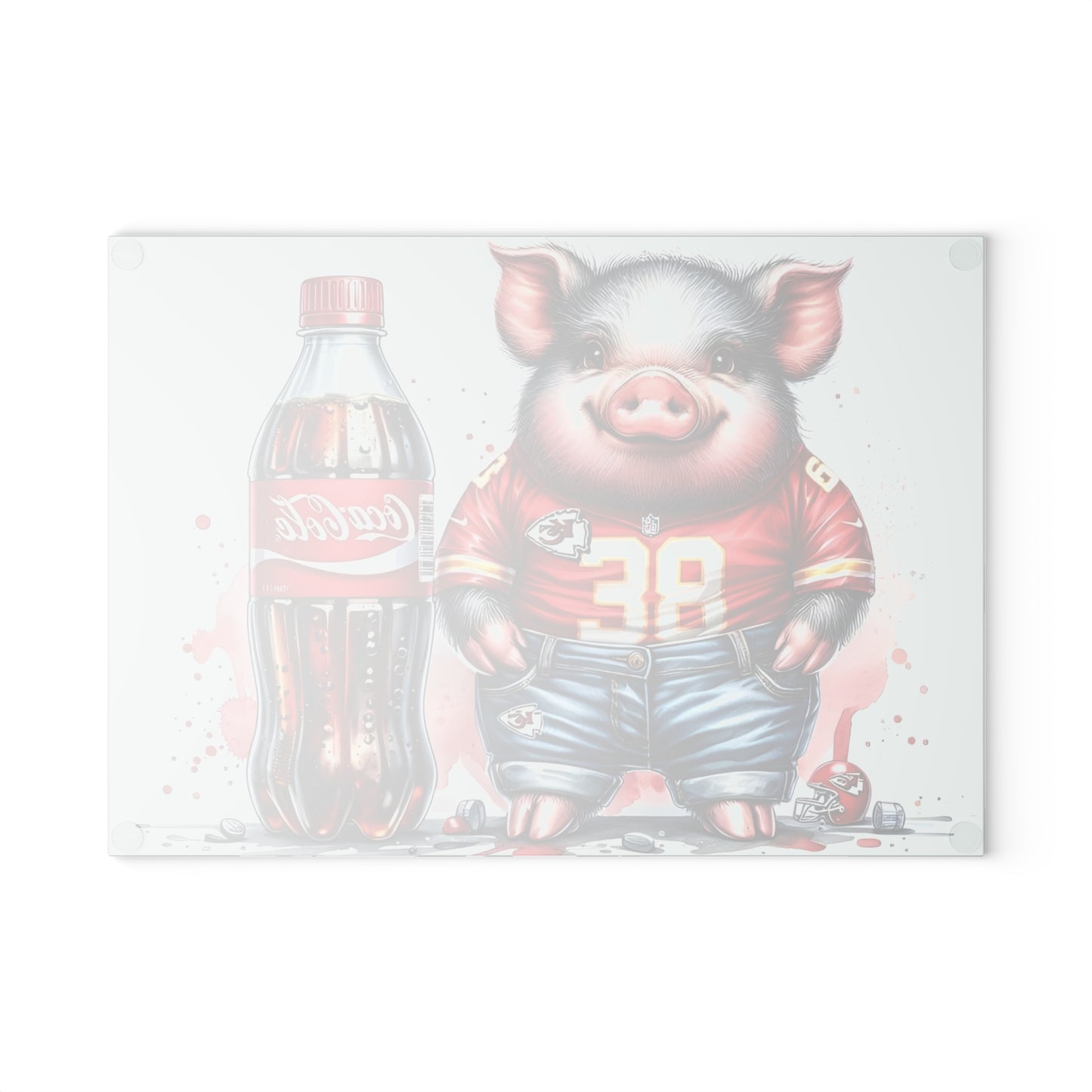 Tabla de cortar de vidrio con diseño de cerdo Jersey rojo y amarillo: arte de cocina audaz con actitud sureña