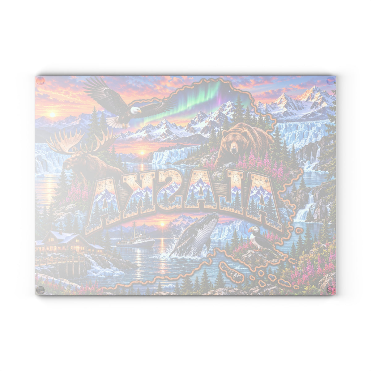 Alaska Scenic Wildlife Glass Cutting Board – Northern Lights, Mountains, Bears, Moose & Coastal Kitchen Décor