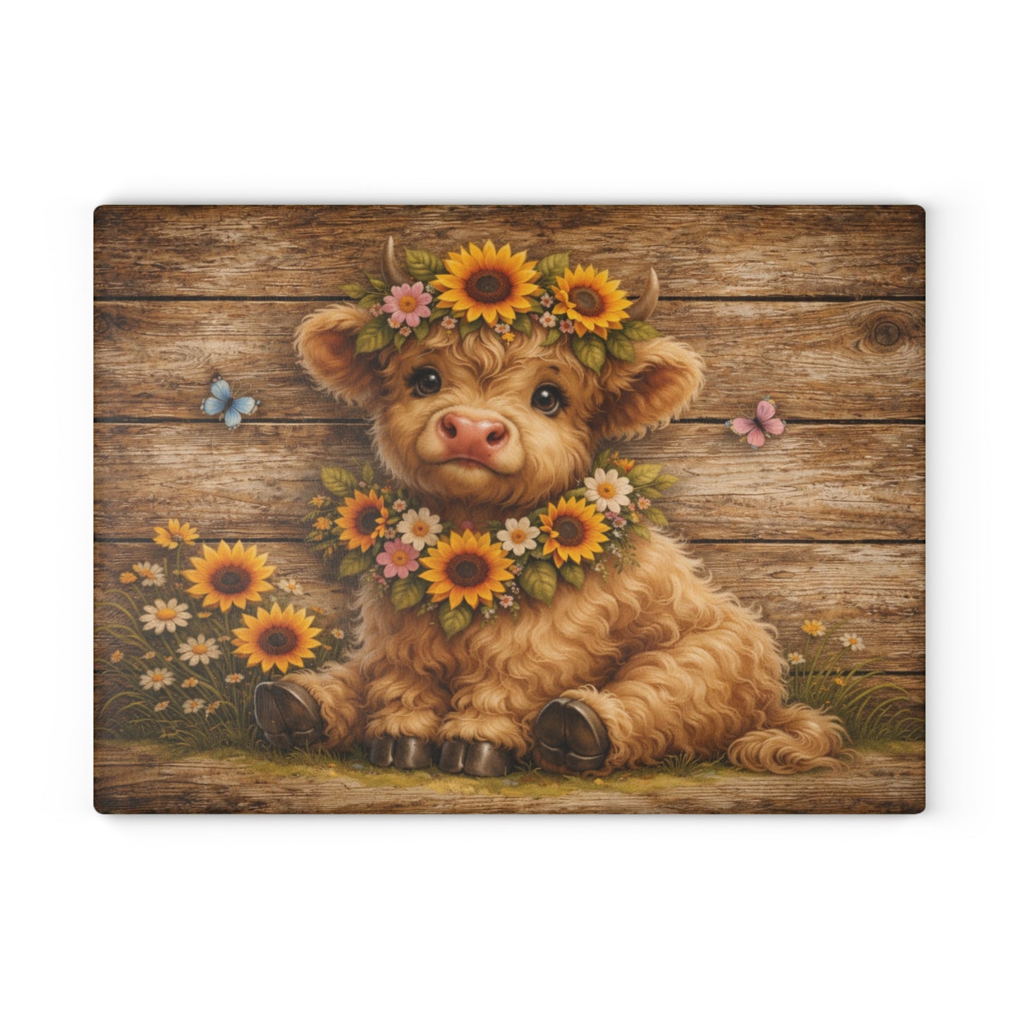 Floral Highland Calf Glass Cutting Board – Rustic Farmhouse Wood Background