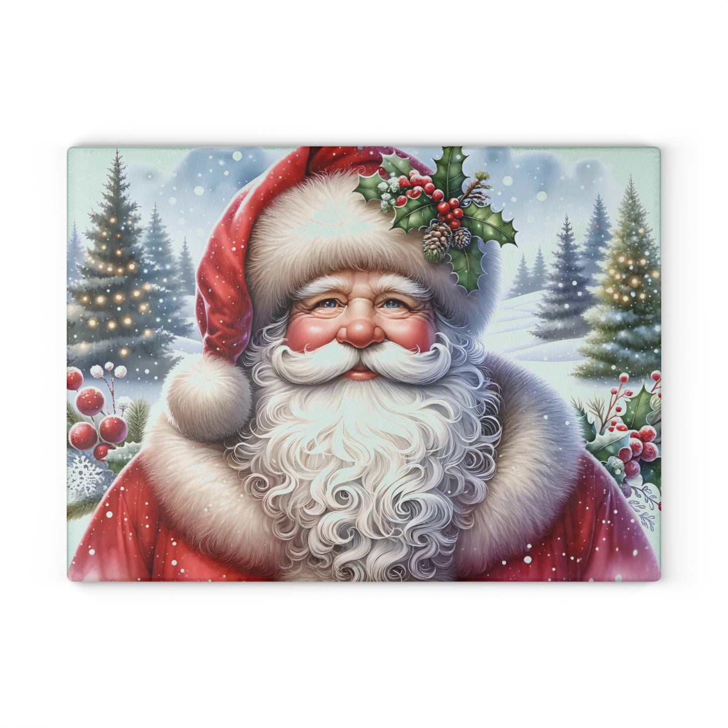 🎅✨ “Jolly Santa in the Pines” Glass Cutting Board – Cozy Charm for Your Kitchen