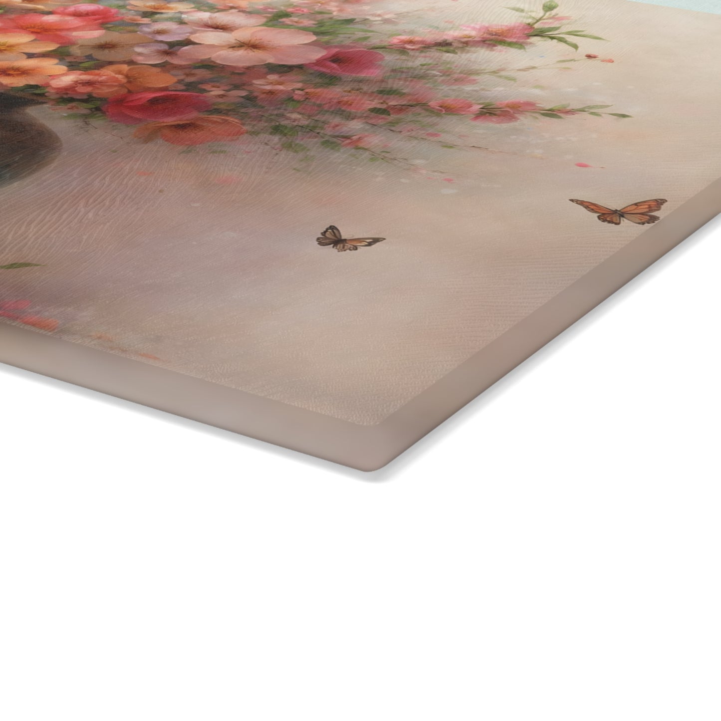 Blossoming Floral Vase with Butterflies Glass Cutting Board – Elegant Botanical Kitchen Art