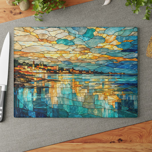 Coastal Waterfront Stained-Glass-Inspired Glass Cutting Board – Ocean Kitchen Decor