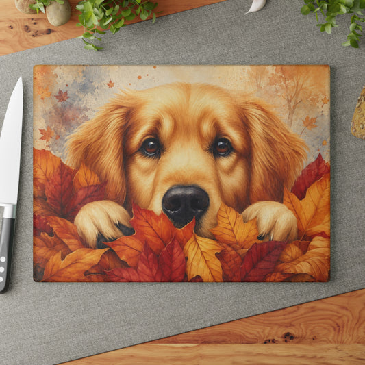Golden Retriever Autumn Leaves Glass Cutting Board – Cozy Fall Dog Kitchen Décor