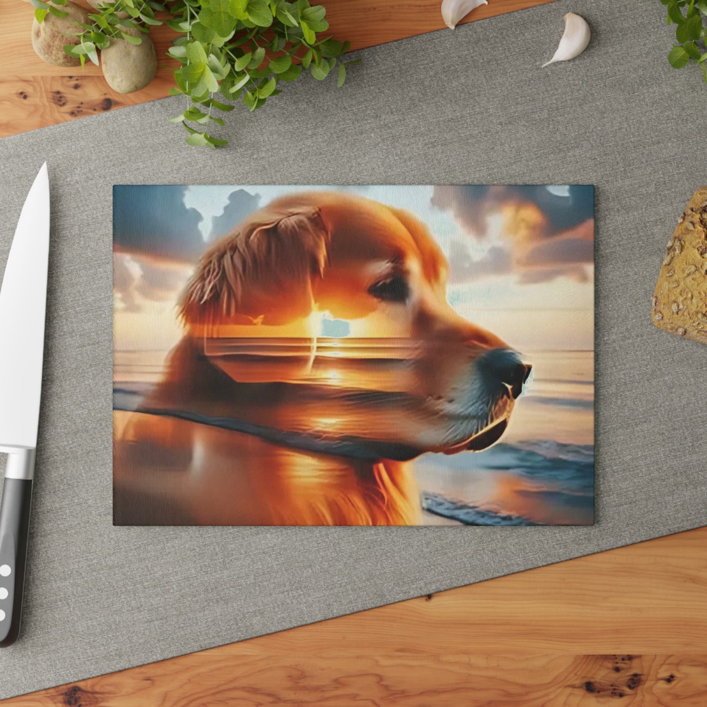 🌅🐕 Golden Retriever Sunset Cutting Board – Coastal Serenity Meets Canine Love 🐾✨